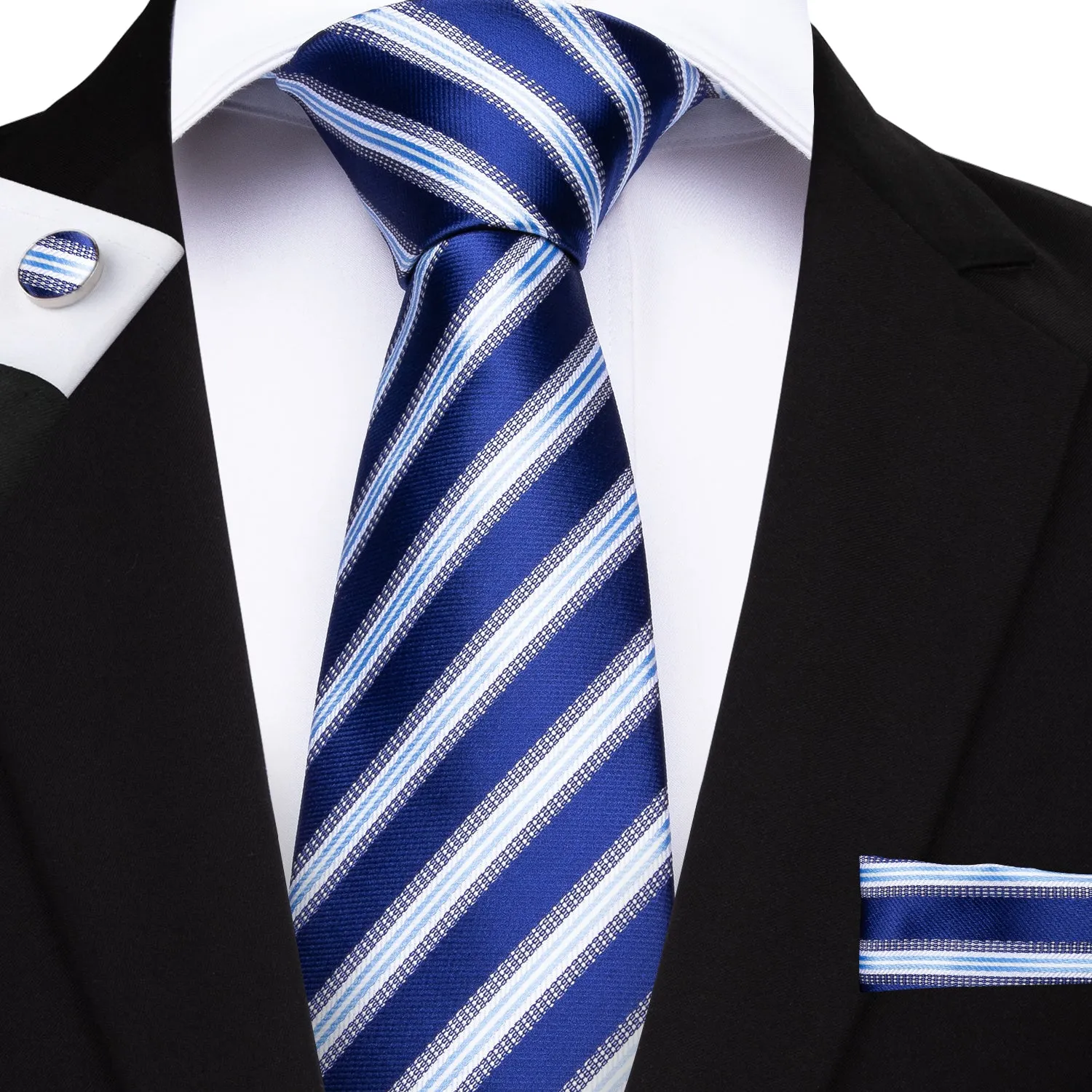 Ties2you Mens Striped Business Necktie Royal Blue Silk Tie Pocket Square Cufflinks Set sold by Ties2You