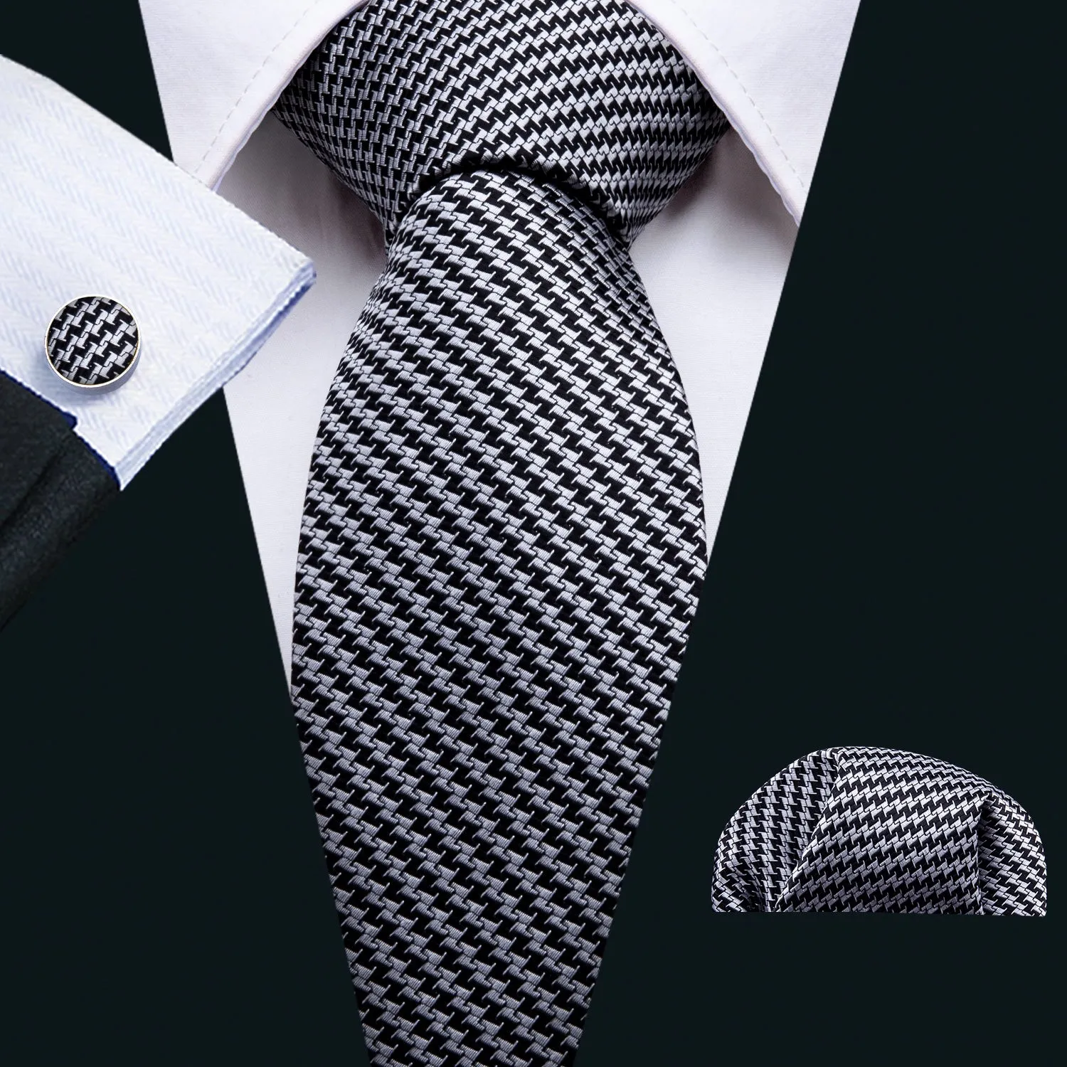 Ties2you Mens Formal Necktie Black Grey Plaid Silk Tie Handkercheif Cufflinks Set sold by Ties2You