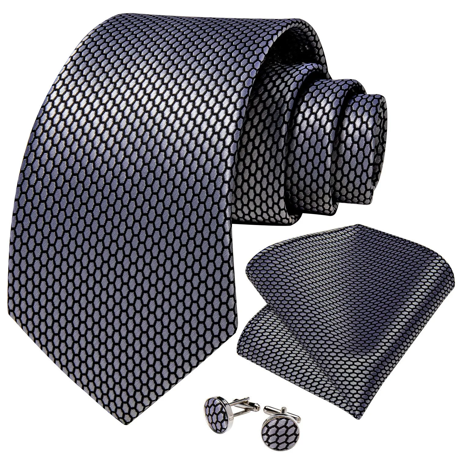 Grey Geometric Plaid Tie Pocket Square Cufflinks Set sold by Ties2You product image thumbnail 2