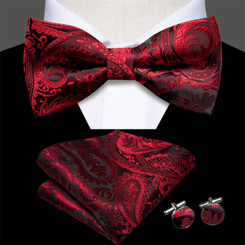 Ties2you Black Red Paisley Pre-tied Bow Tie Hanky Cufflinks Set sold by Ties2You