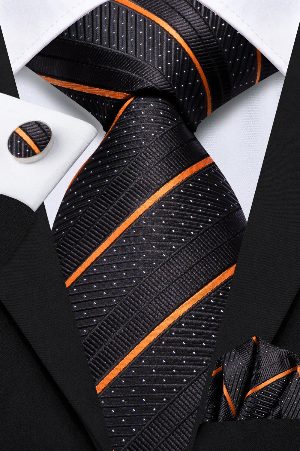 Ties2you Black Orange Line Striped Men's tie Hanky Cufflinks Set sold by Ties2You product image thumbnail 2
