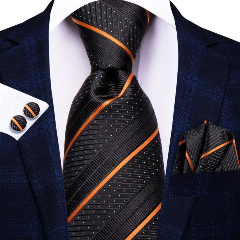 Ties2you Black Orange Line Striped Men's tie Hanky Cufflinks Set sold by Ties2You