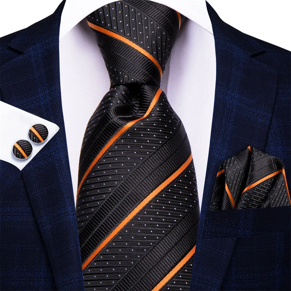 Ties2you Black Orange Line Striped Men's tie Hanky Cufflinks Set sold by Ties2You