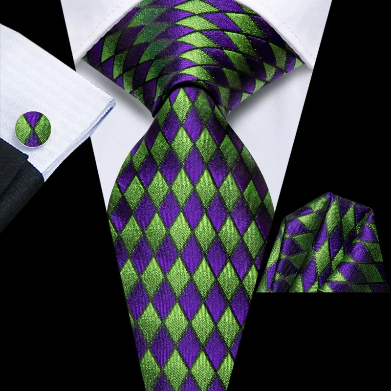 Ties2you Silk Tie Green Purple Diamond Plaid Mens Dress Tie Pocket Square Cufflinks Set for Formal sold by Ties2You