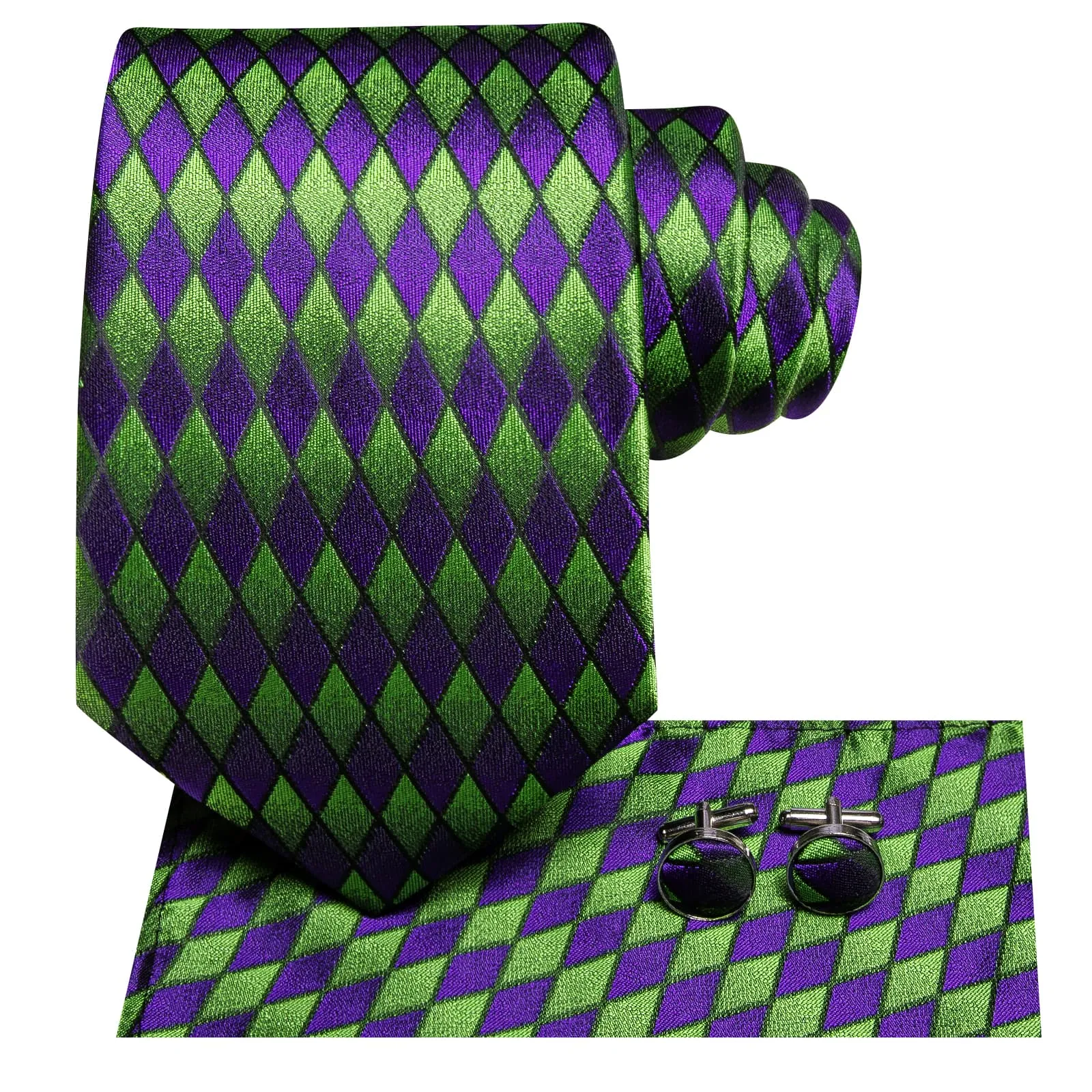 Ties2you Silk Tie Green Purple Diamond Plaid Mens Dress Tie Pocket Square Cufflinks Set for Formal sold by Ties2You product image thumbnail 3