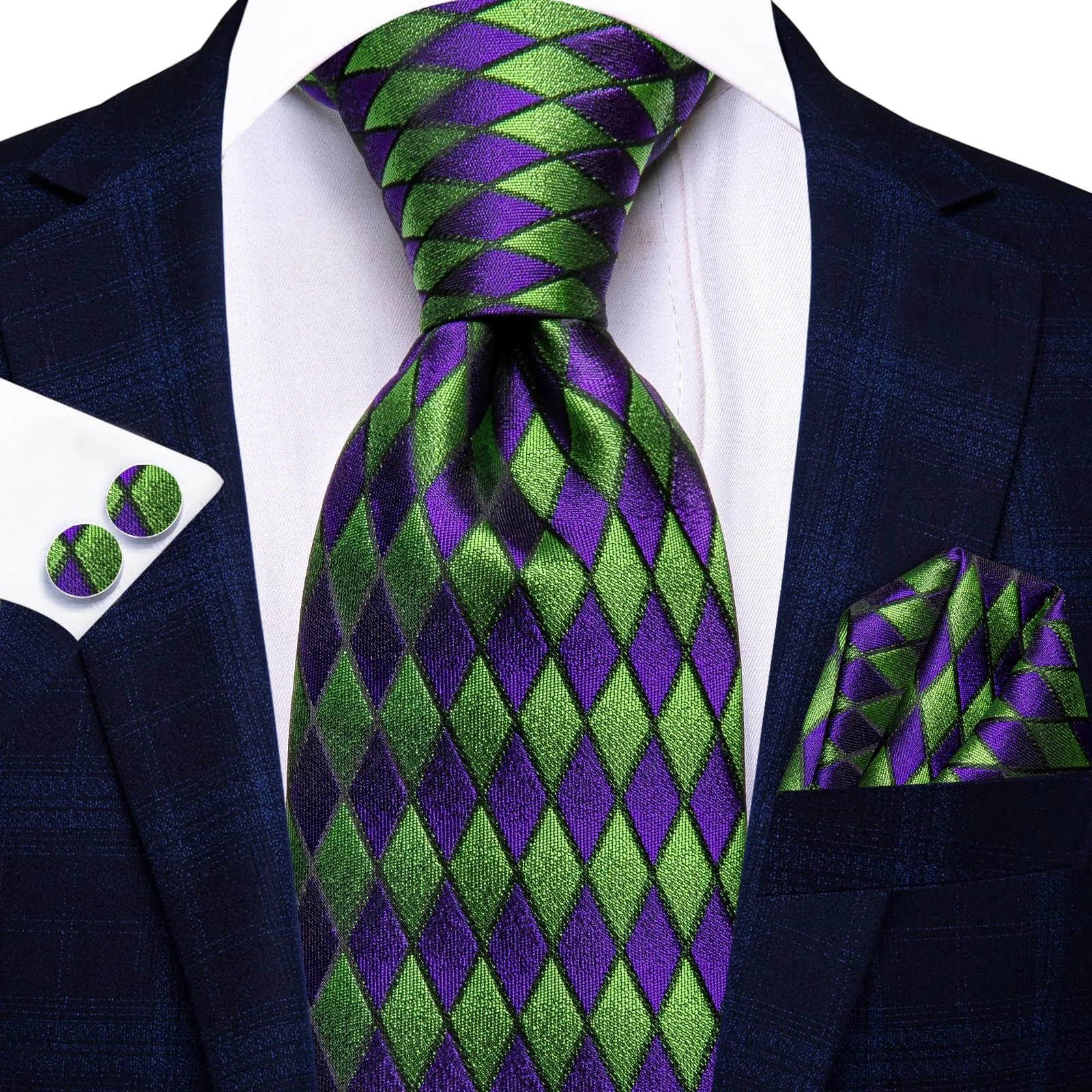 Ties2you Silk Tie Green Purple Diamond Plaid Mens Dress Tie Pocket Square Cufflinks Set for Formal sold by Ties2You product image thumbnail 2