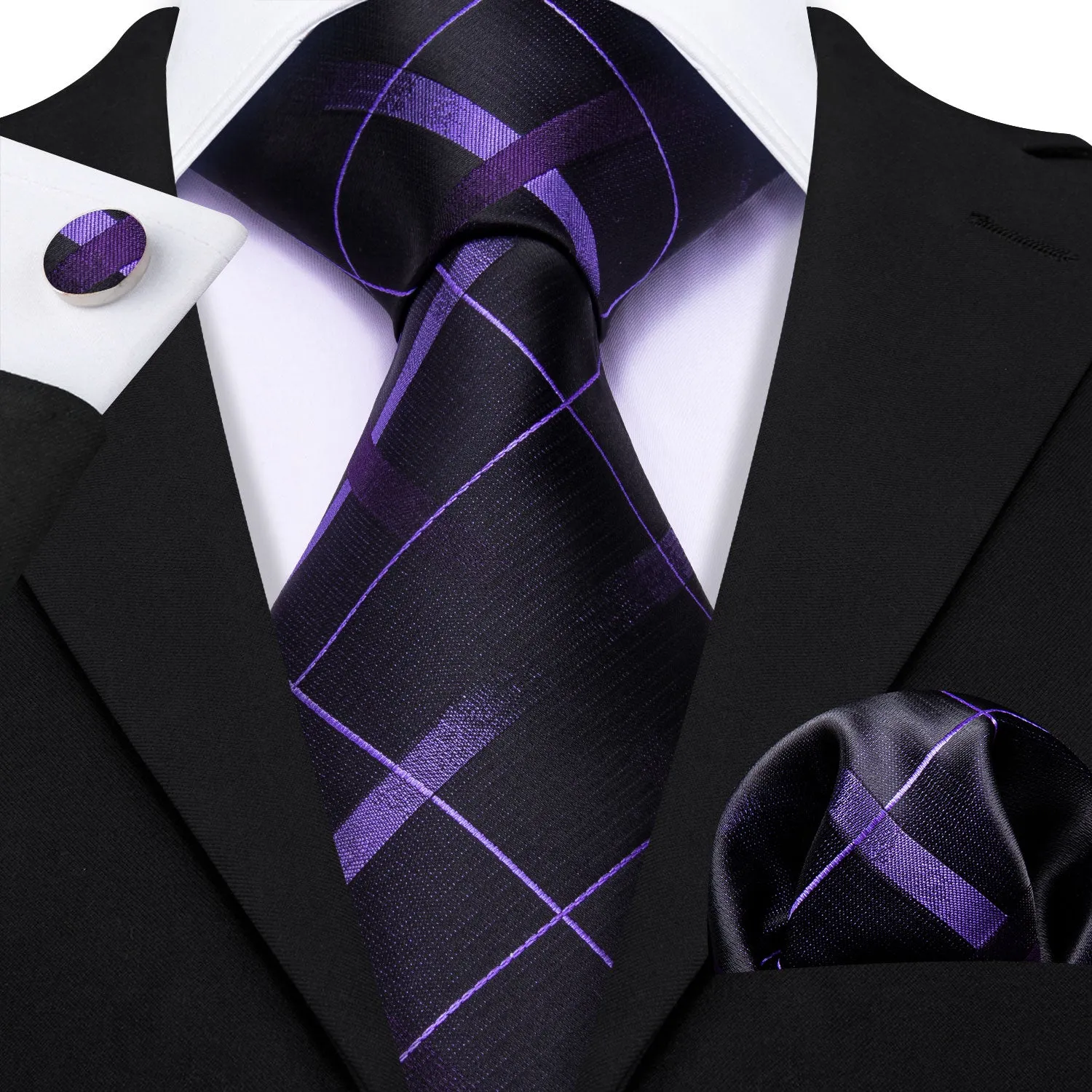 Black Purple Plaid Men's Necktie Pocket Square Cufflinks Set sold by Ties2You product image thumbnail 3