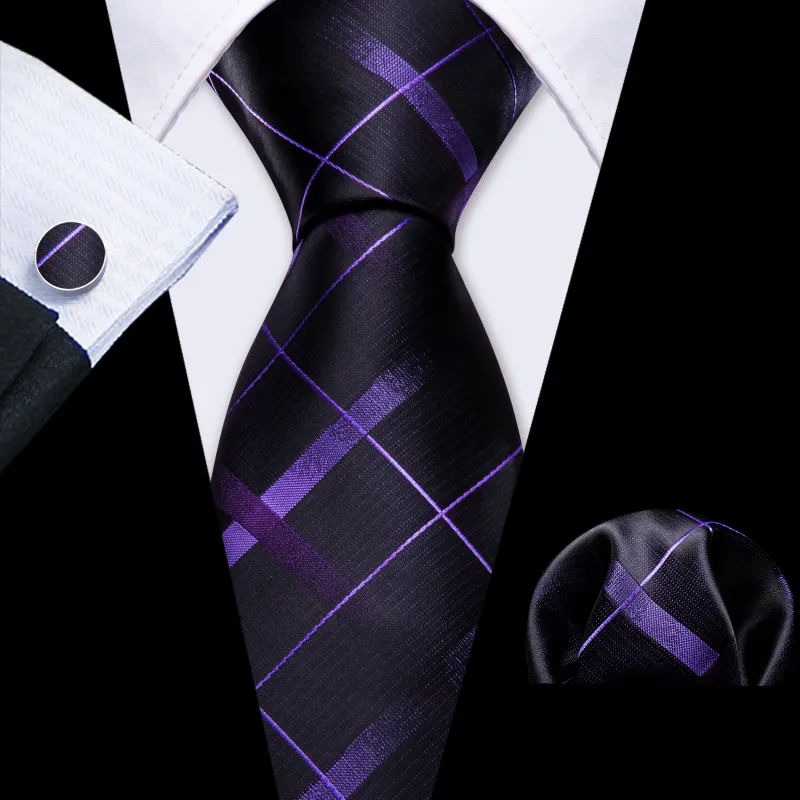 Black Purple Plaid Men's Necktie Pocket Square Cufflinks Set sold by Ties2You