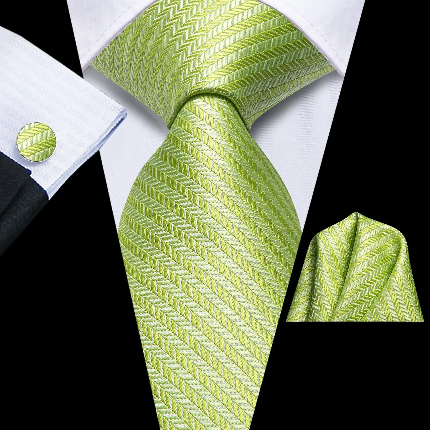 Yellow Green Striped Men's Necktie Pocket Square Cufflinks Set sold by Ties2You