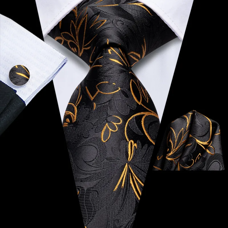 Black Golden Paisley Tie Pocket Square Cufflinks Set sold by Ties2You