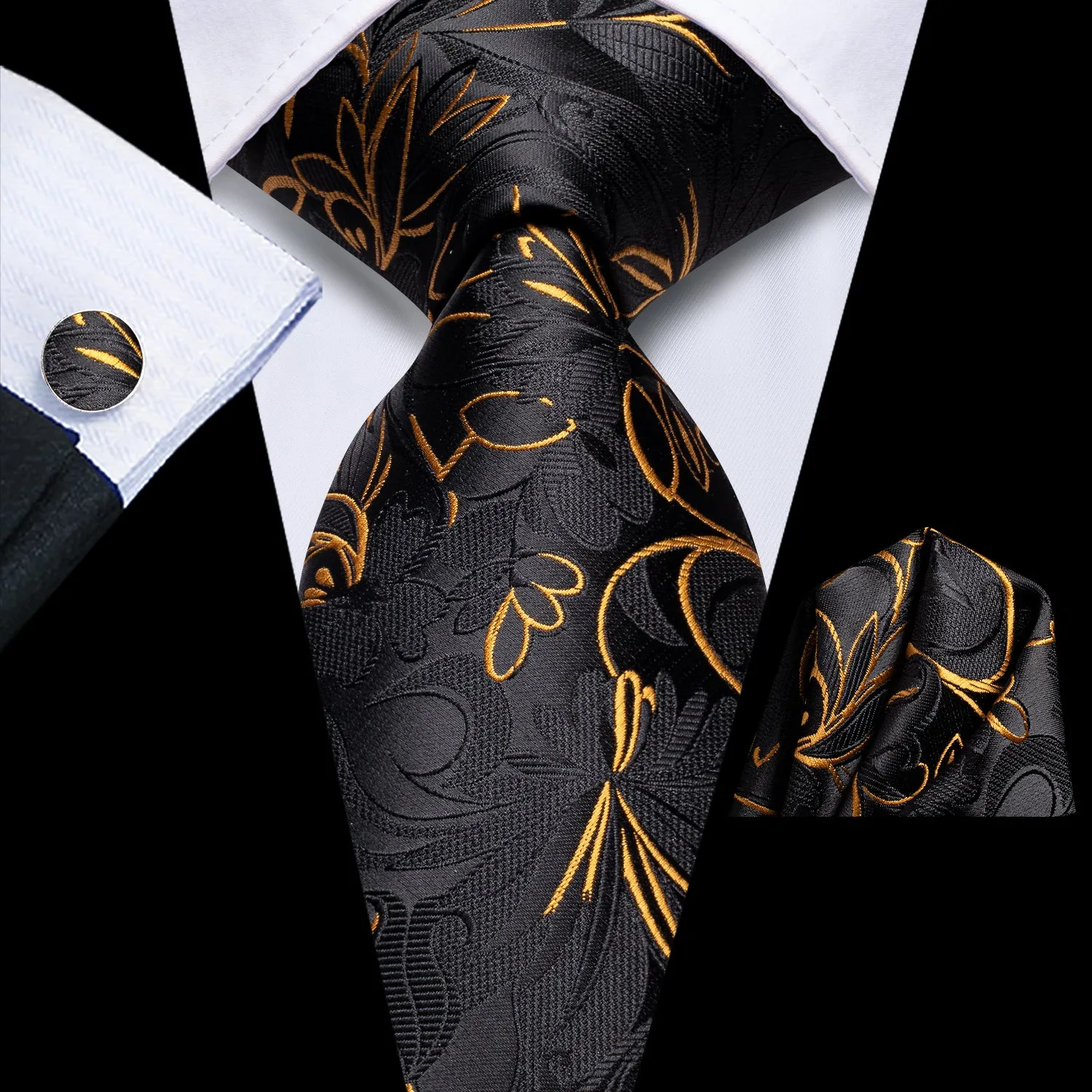 Black Golden Paisley Tie Pocket Square Cufflinks Set sold by Ties2You