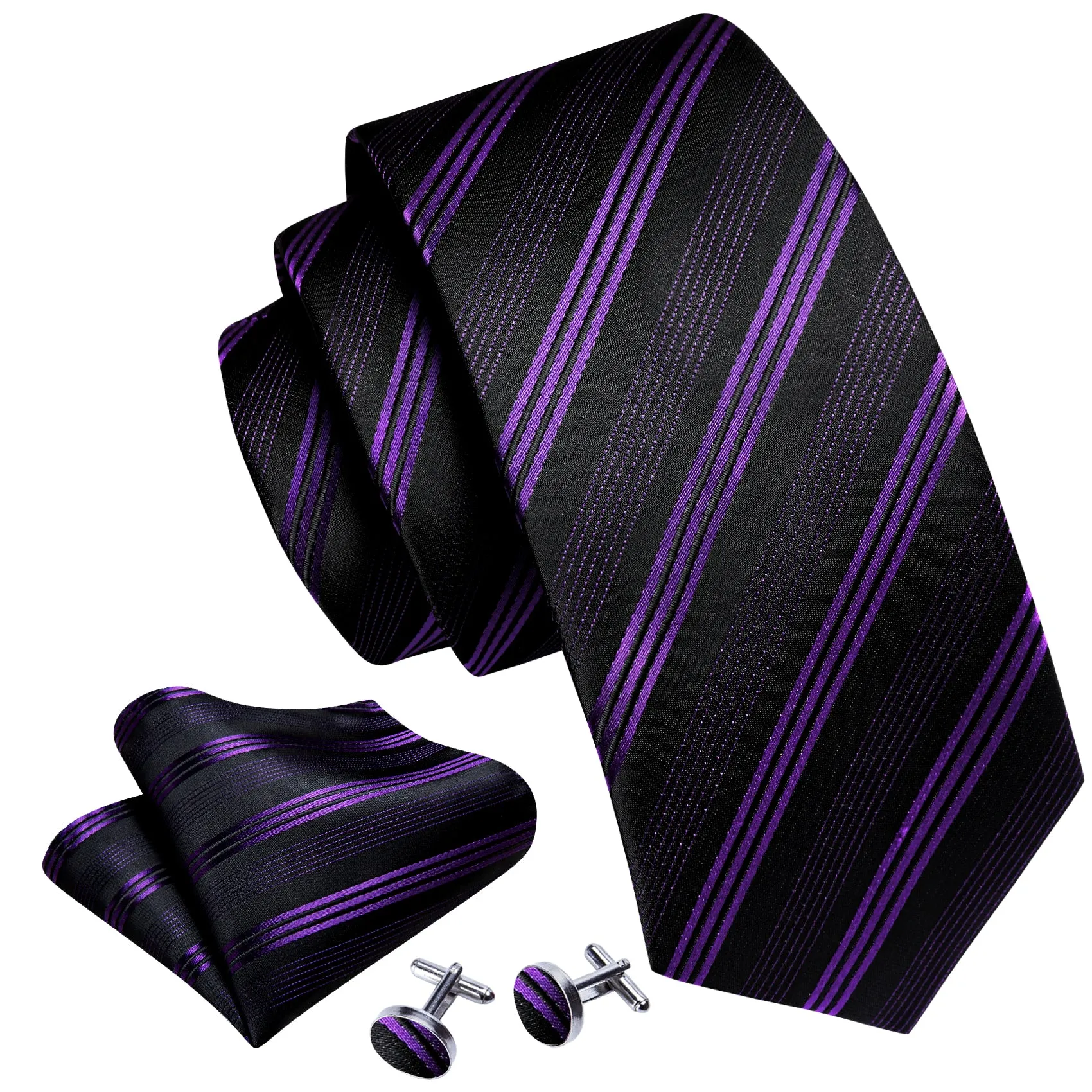 Black Purple Striped Silk Men's Necktie Pocket Square Cufflinks Set sold by Ties2You product image thumbnail 2
