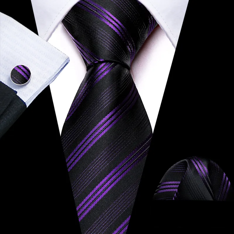 Black Purple Striped Silk Men's Necktie Pocket Square Cufflinks Set sold by Ties2You