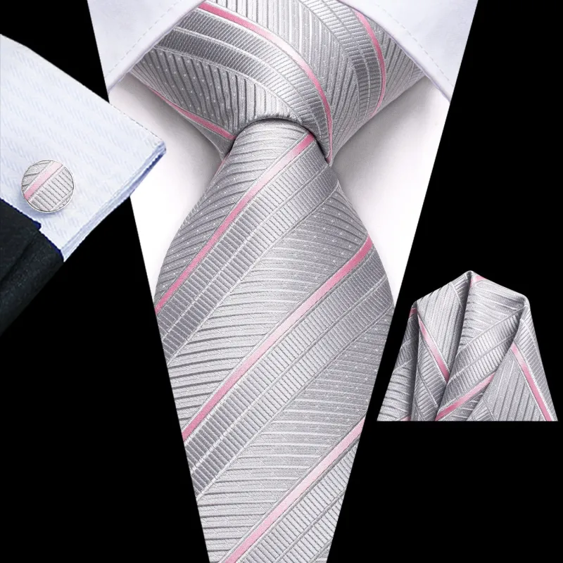 Light Grey Striped Men's Tie Handkerchief Cufflinks Set sold by Ties2You