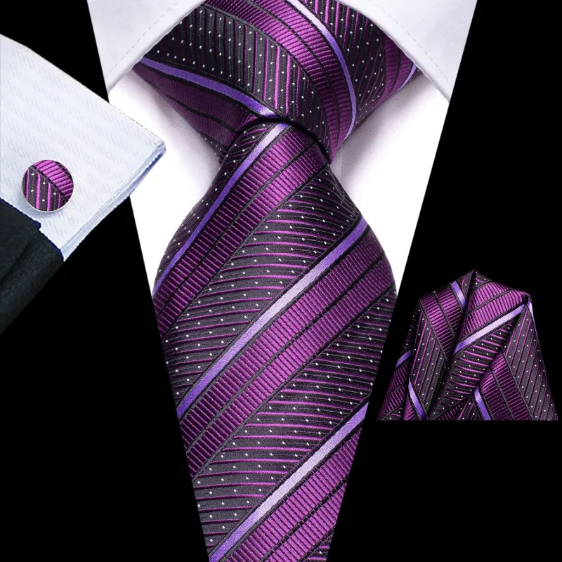 Purple Striped Men's Tie Handkerchief Cufflinks Set sold by Ties2You