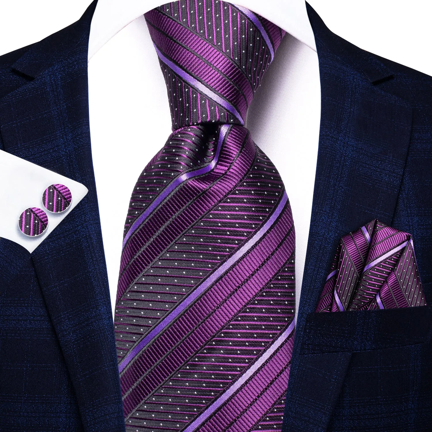 Purple Striped Men's Tie Handkerchief Cufflinks Set sold by Ties2You product image thumbnail 2