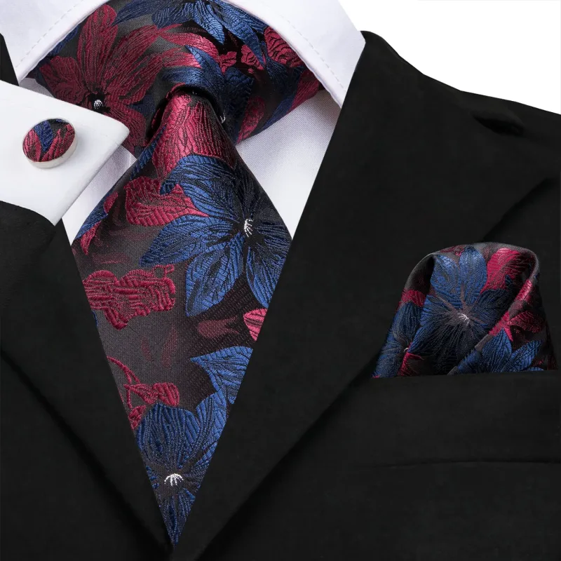 Black Blue Red Floral Men's 63 Inches Extra Long Tie Pocket Square Cufflinks Set sold by Ties2You