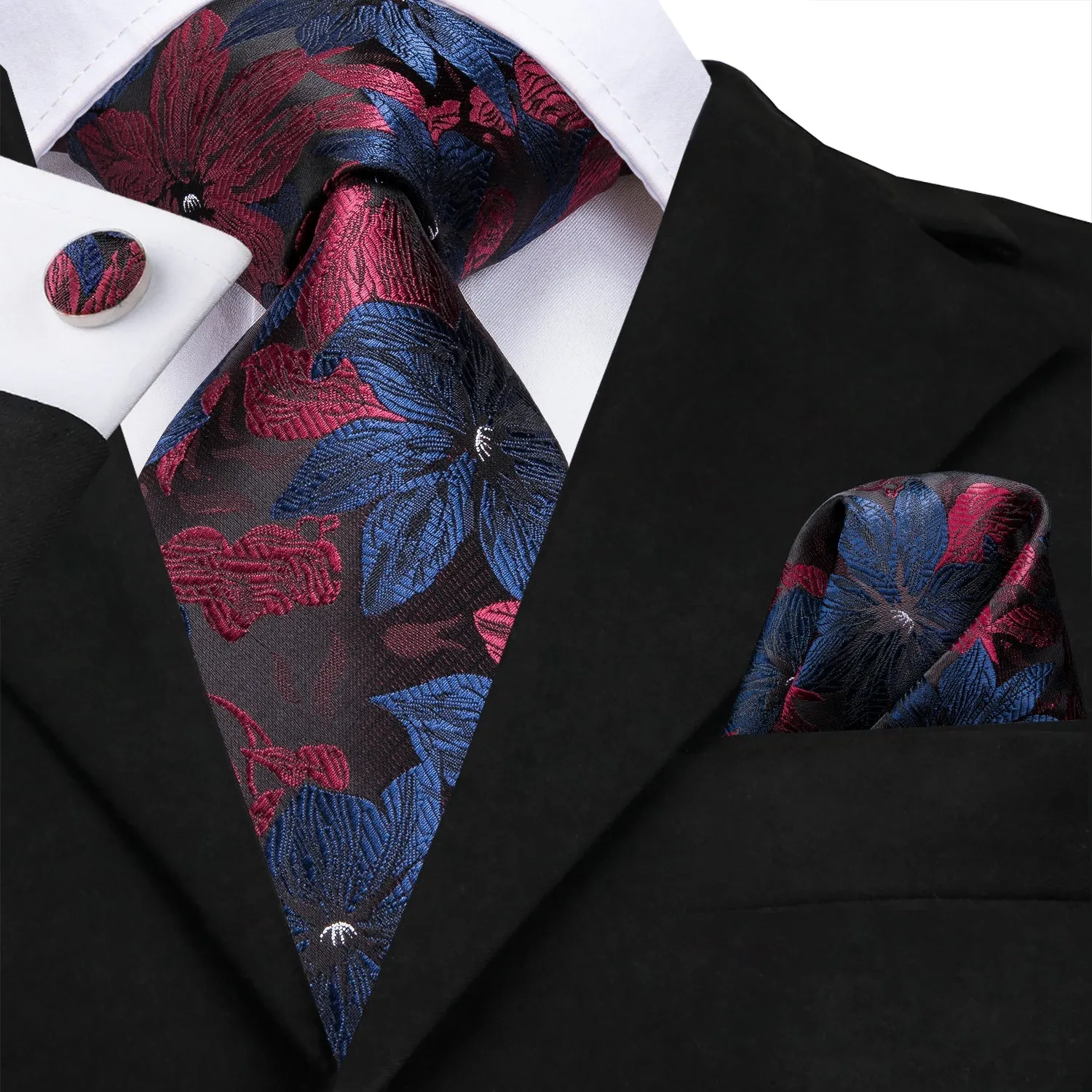 Black Blue Red Floral Men's 63 Inches Extra Long Tie Pocket Square Cufflinks Set sold by Ties2You