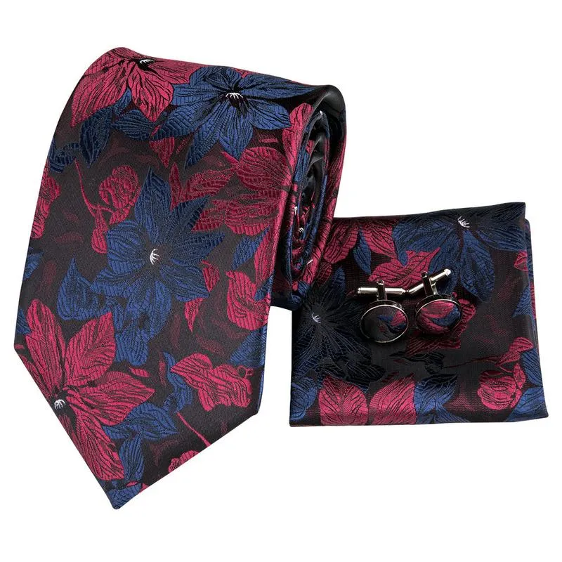 Black Blue Red Floral Men's 63 Inches Extra Long Tie Pocket Square Cufflinks Set sold by Ties2You product image thumbnail 3