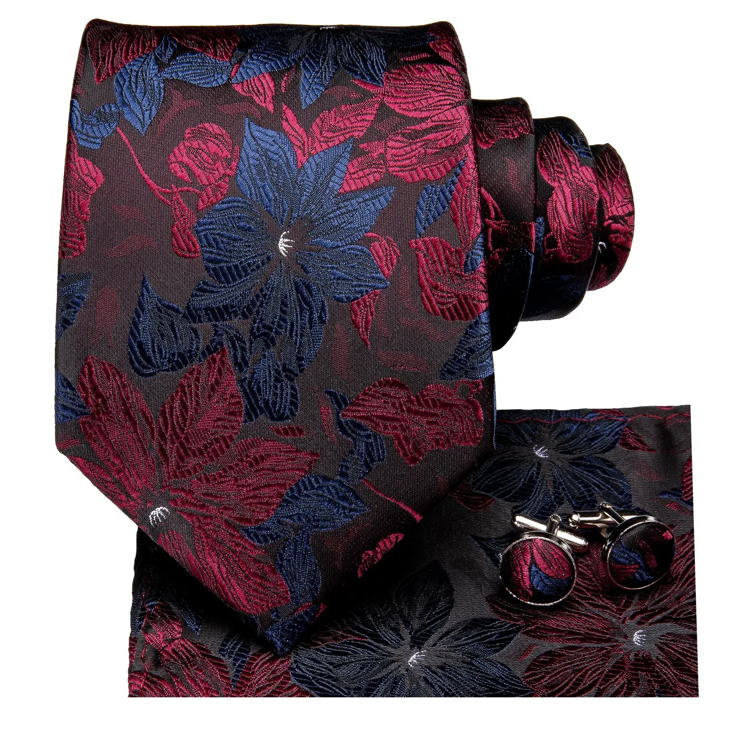 Black Blue Red Floral Men's 63 Inches Extra Long Tie Pocket Square Cufflinks Set sold by Ties2You product image thumbnail 2