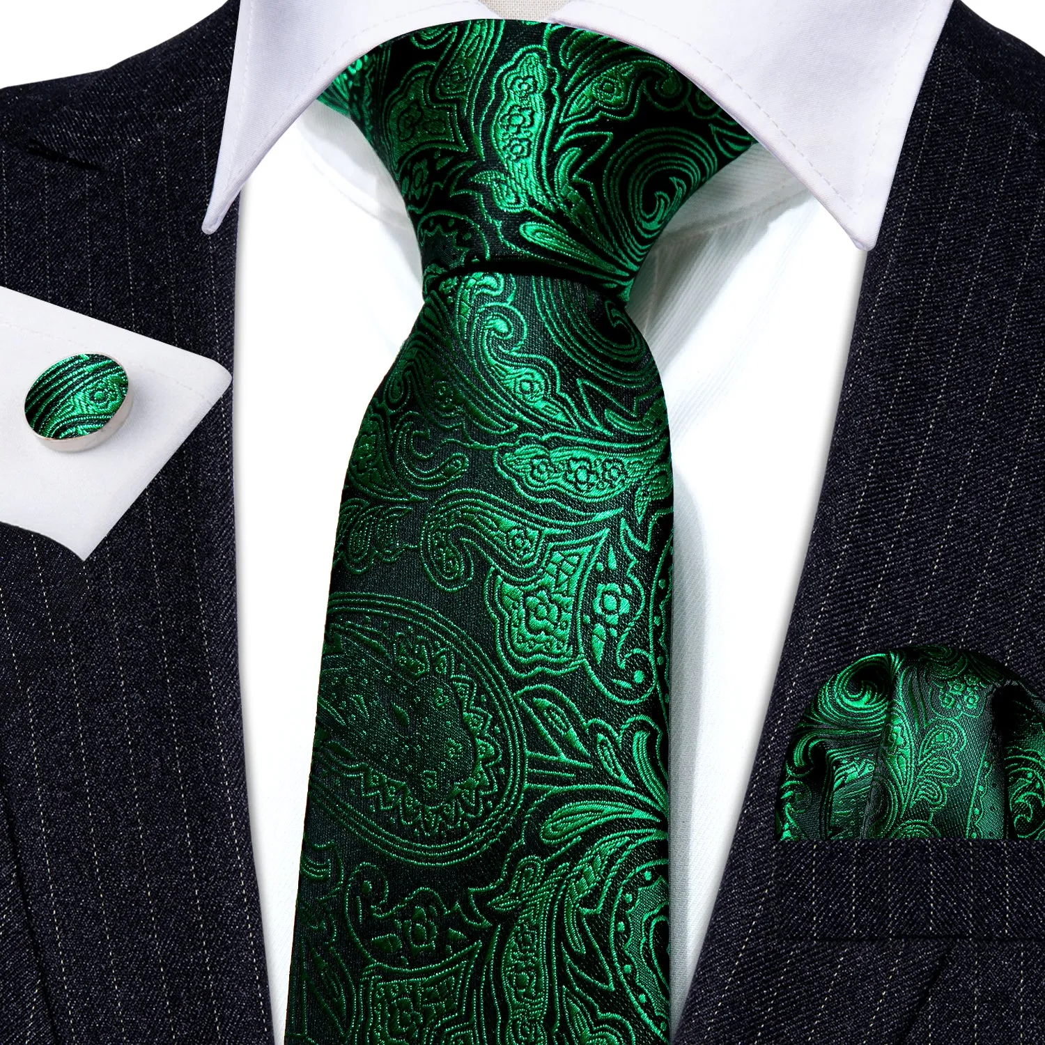 Dark Green Paisley Men's Tie Pocket Square Cufflinks Set sold by Ties2You product image thumbnail 2
