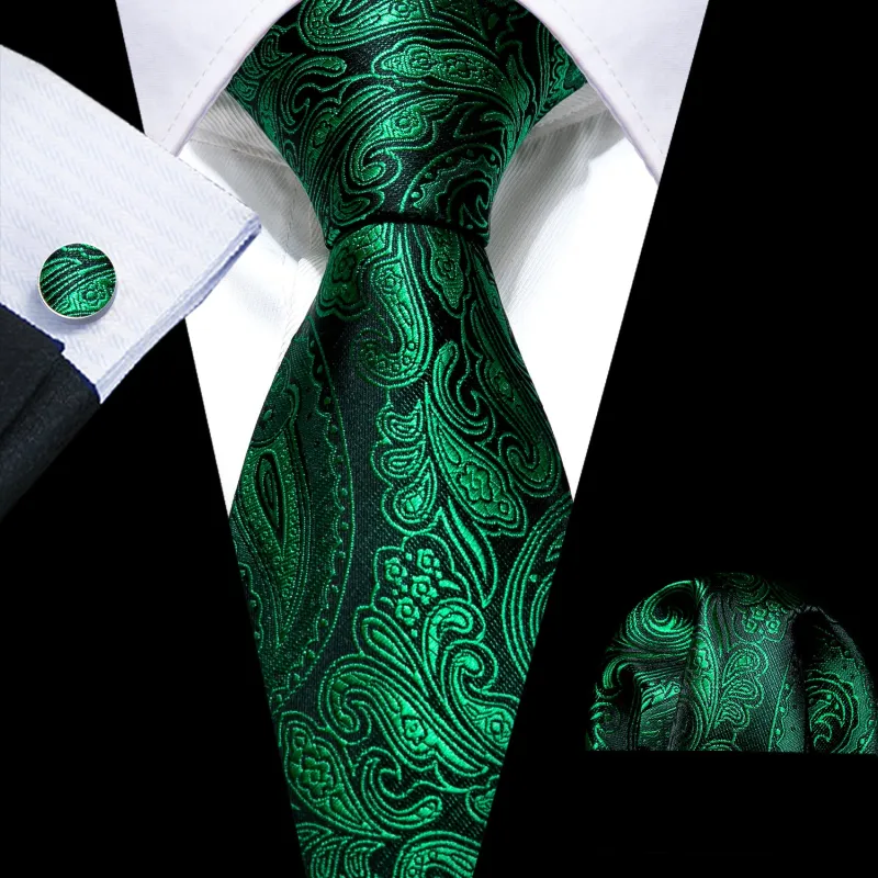 Dark Green Paisley Men's Tie Pocket Square Cufflinks Set sold by Ties2You