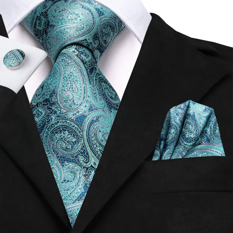 Ties2you Silk Paisley Necktie Aqua Formal Dress Tie Handkercheif Cufflinks Set sold by Ties2You