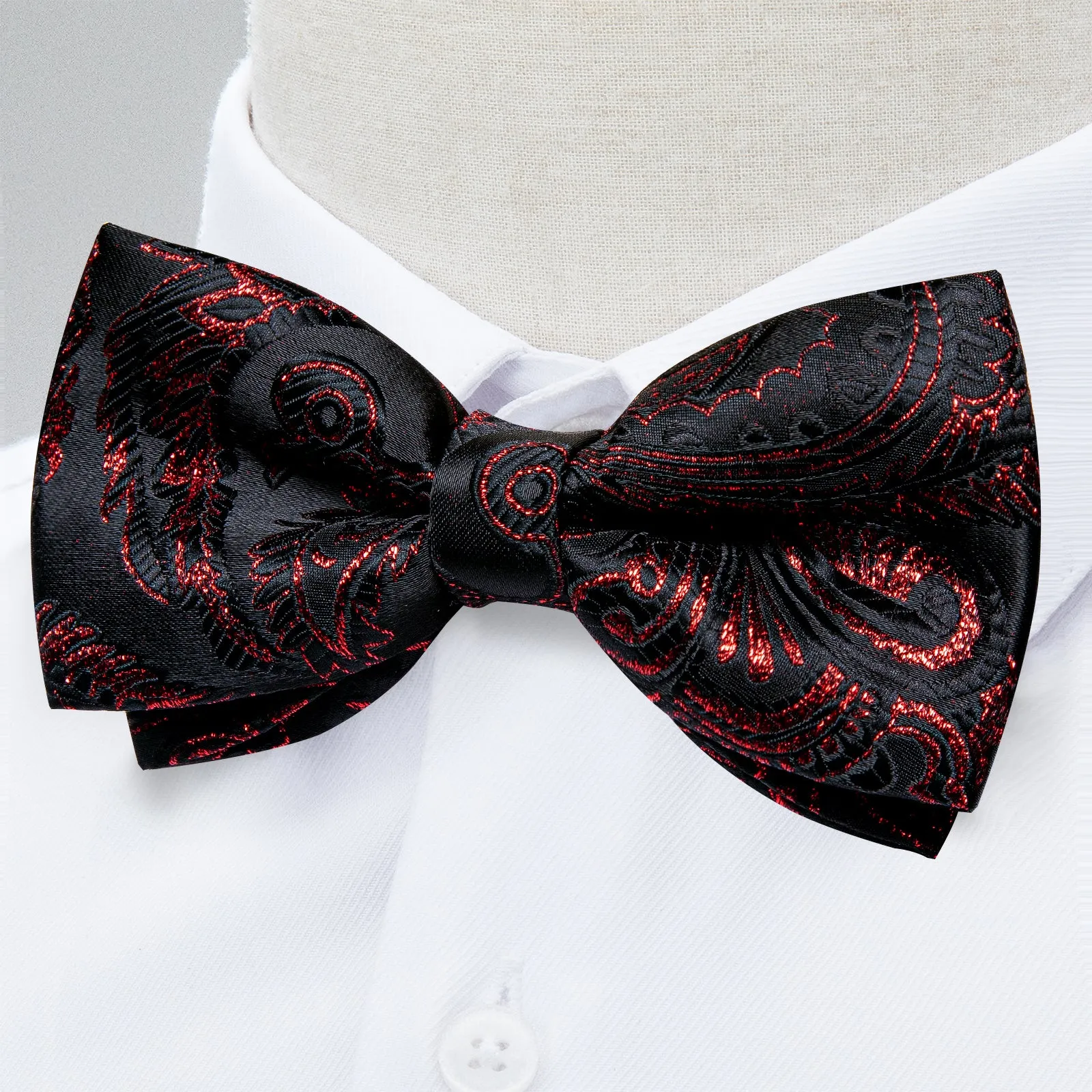 Black Shining Red Paisley Men's Pre-tied Bowtie Pocket Square Cufflinks Set sold by Ties2You product image thumbnail 3