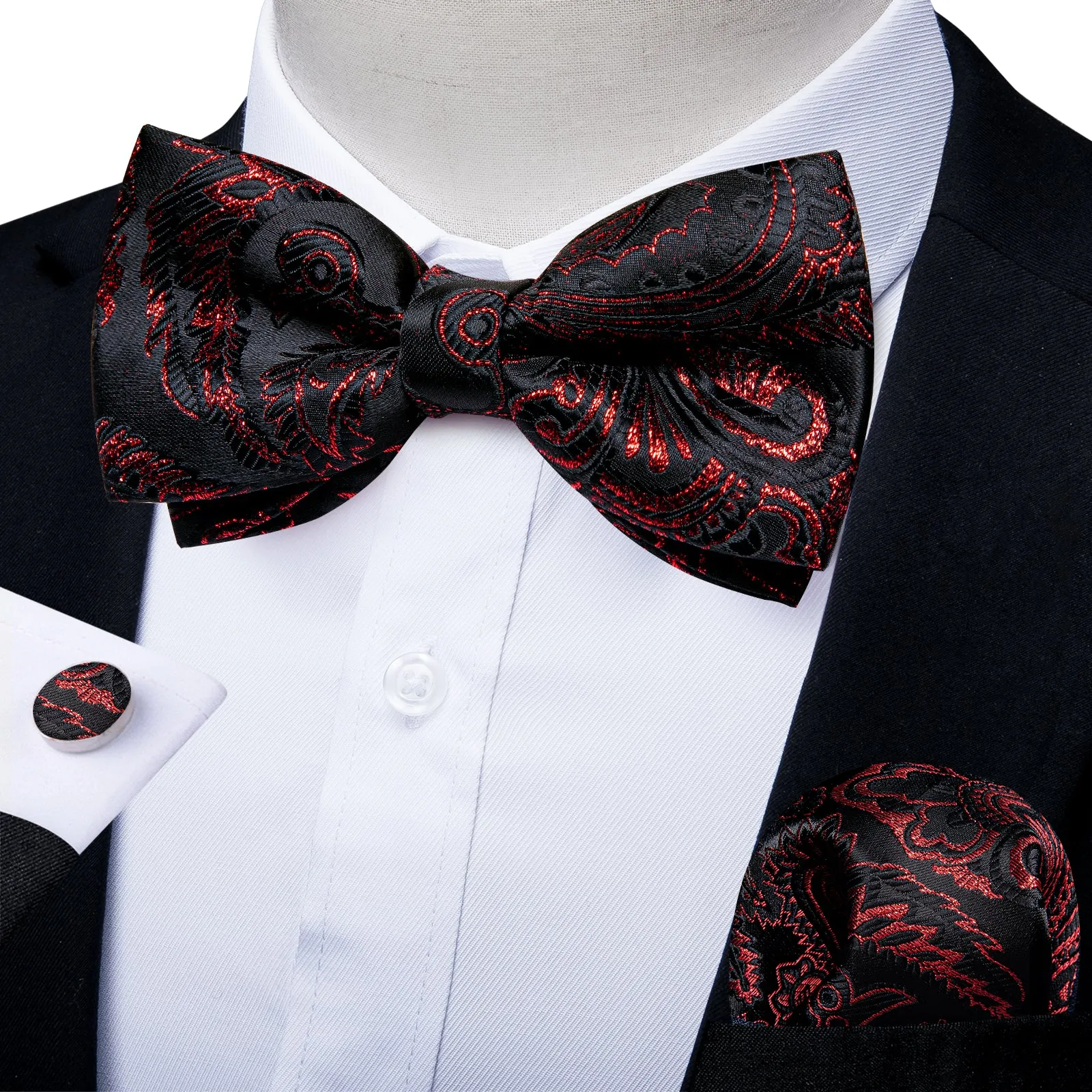 Black Shining Red Paisley Men's Pre-tied Bowtie Pocket Square Cufflinks Set sold by Ties2You