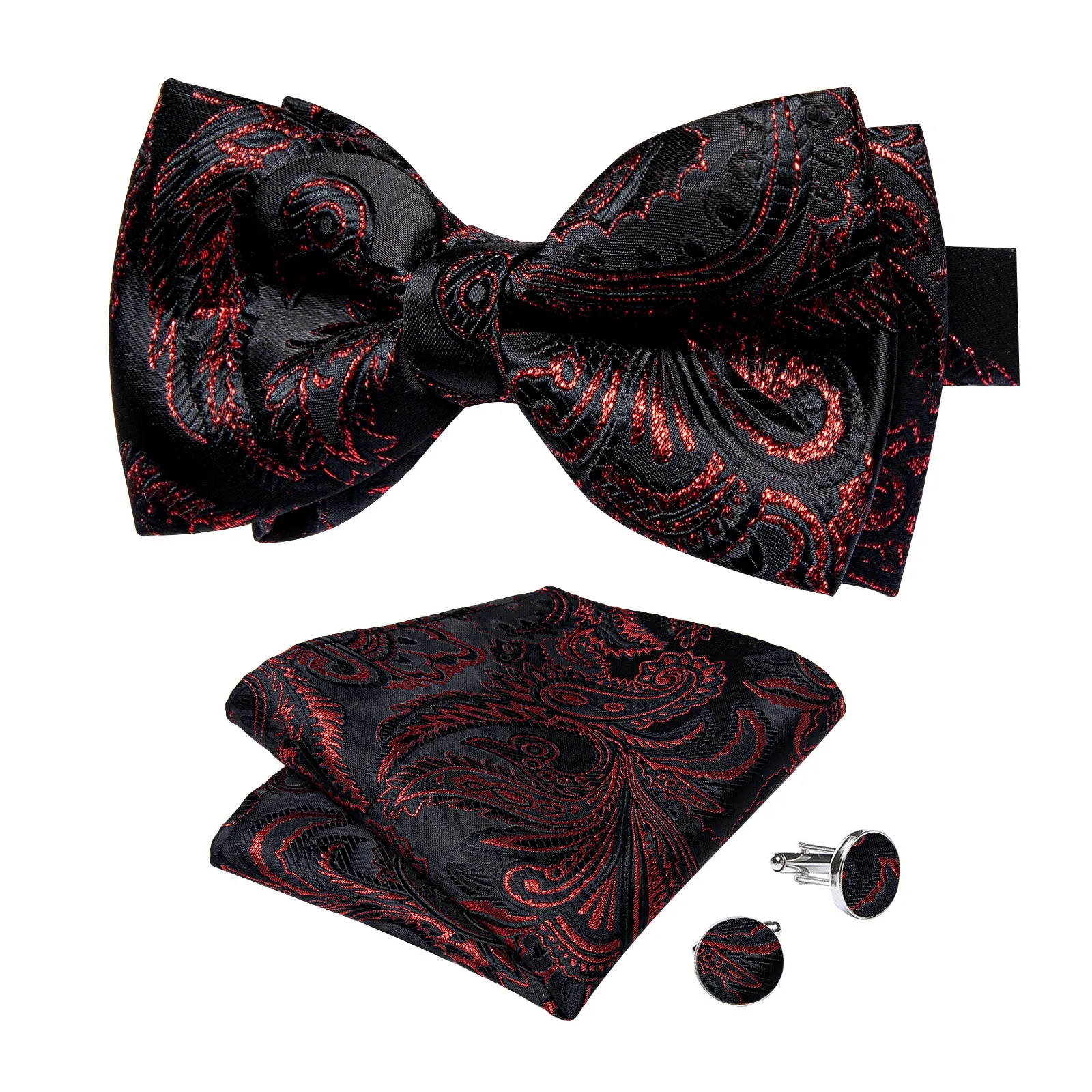 Black Shining Red Paisley Men's Pre-tied Bowtie Pocket Square Cufflinks Set sold by Ties2You product image thumbnail 5