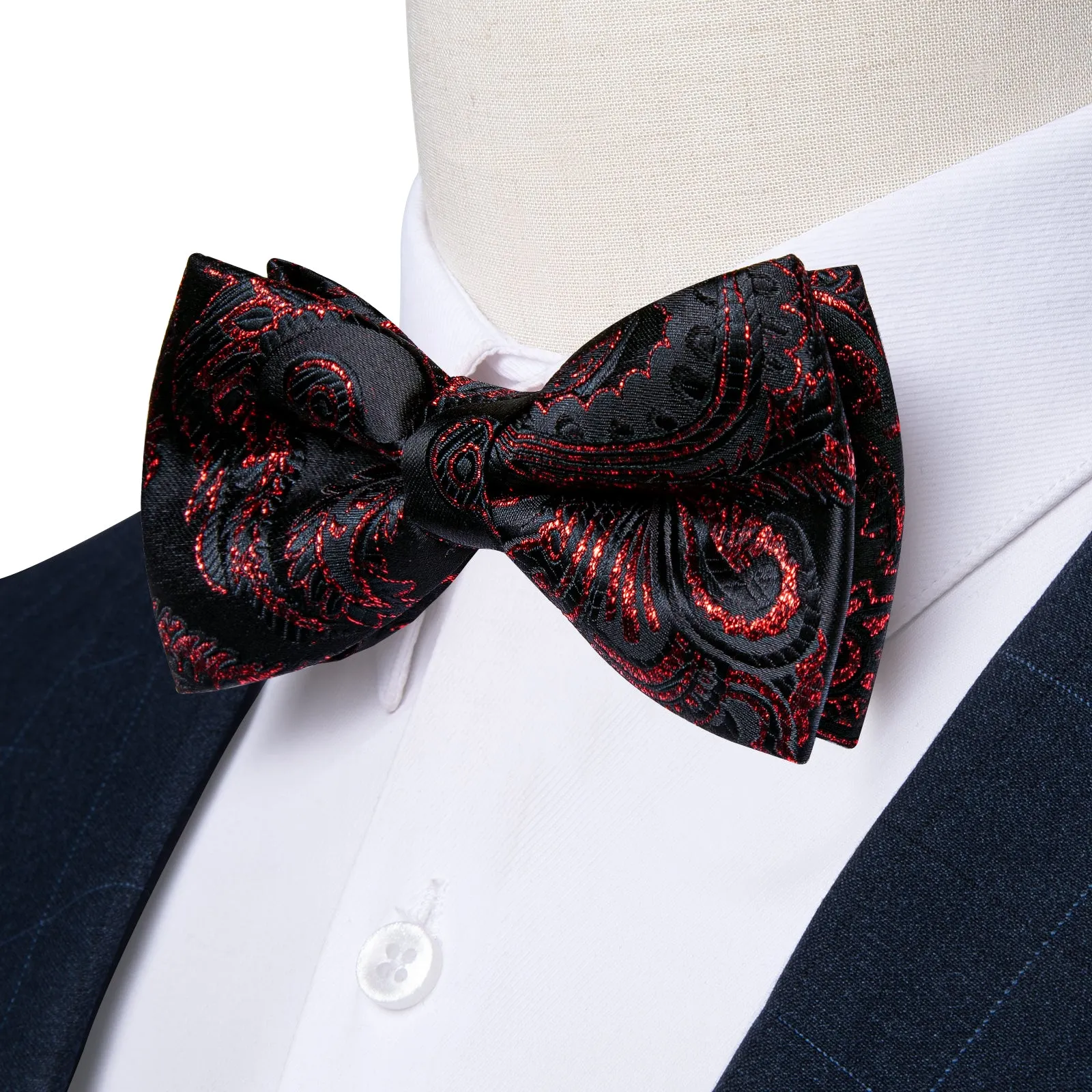 Black Shining Red Paisley Men's Pre-tied Bowtie Pocket Square Cufflinks Set sold by Ties2You product image thumbnail 2