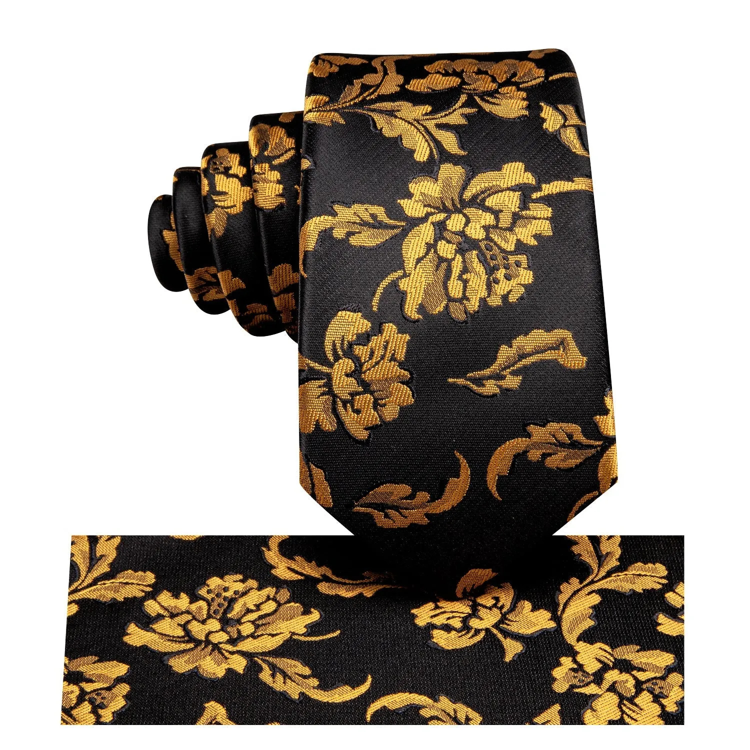 Black Golden Floral Silk Necktie Pocket Square Cufflinks Set sold by Ties2You product image thumbnail 5
