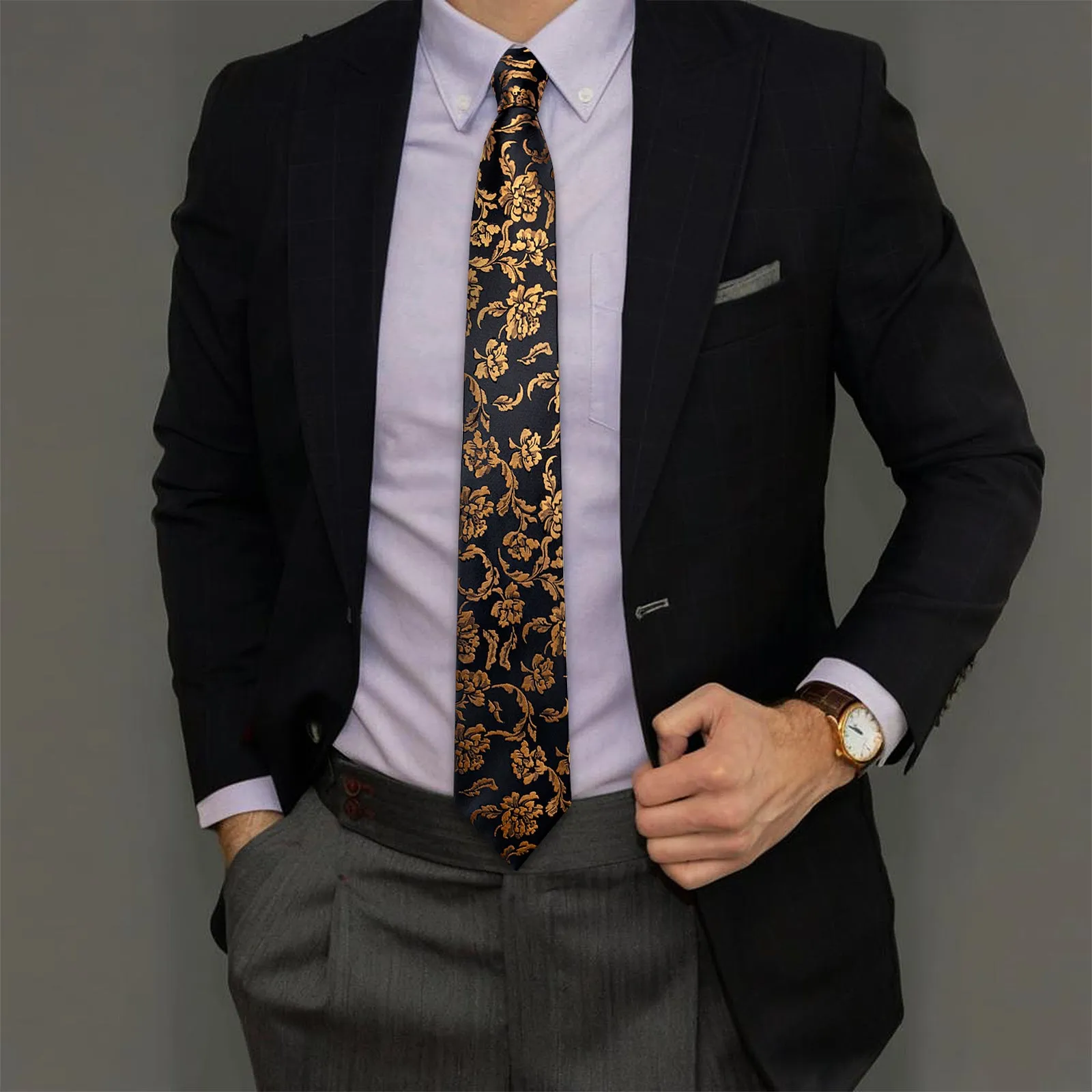 Black Golden Floral Silk Necktie Pocket Square Cufflinks Set sold by Ties2You