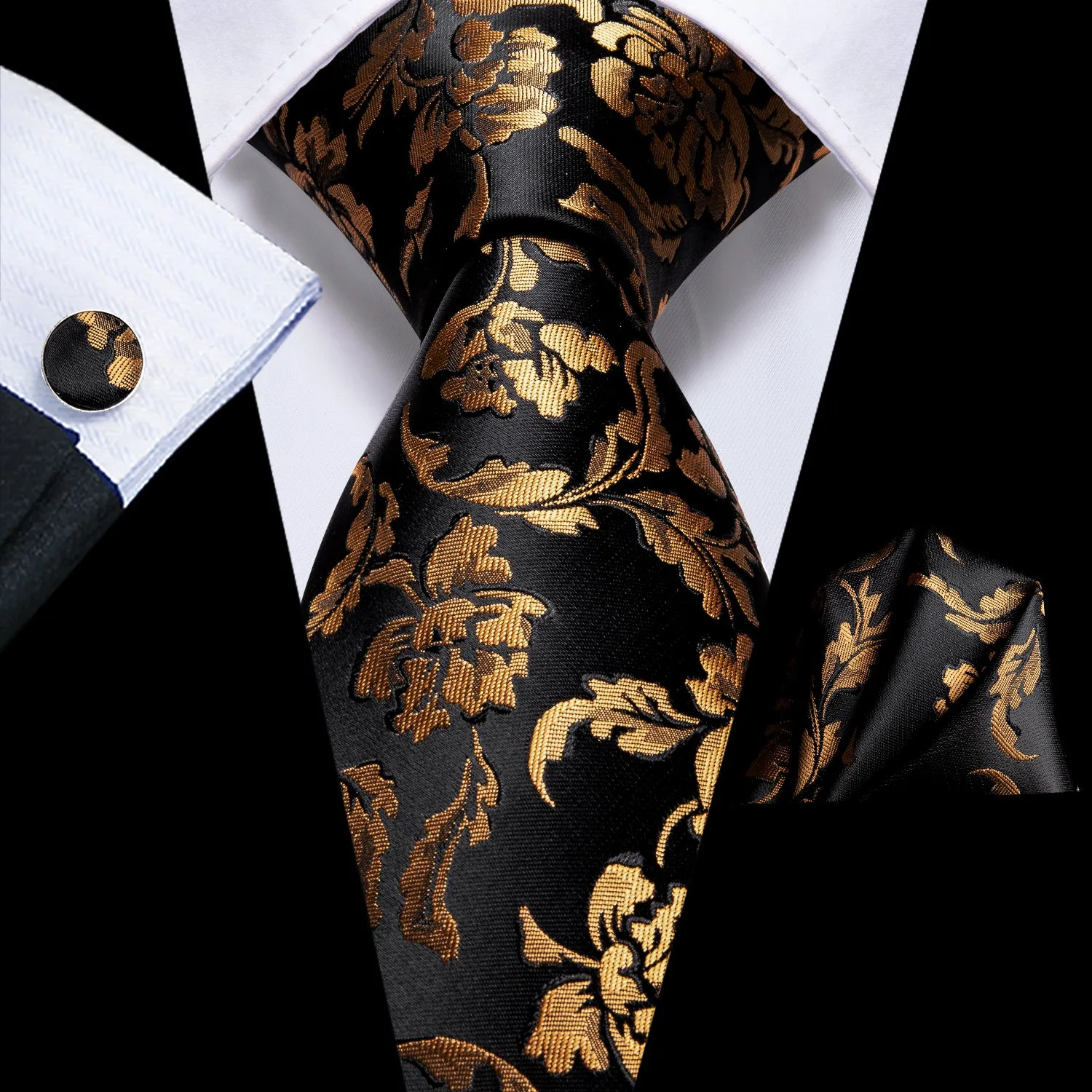 Black Golden Floral Silk Necktie Pocket Square Cufflinks Set sold by Ties2You product image thumbnail 2