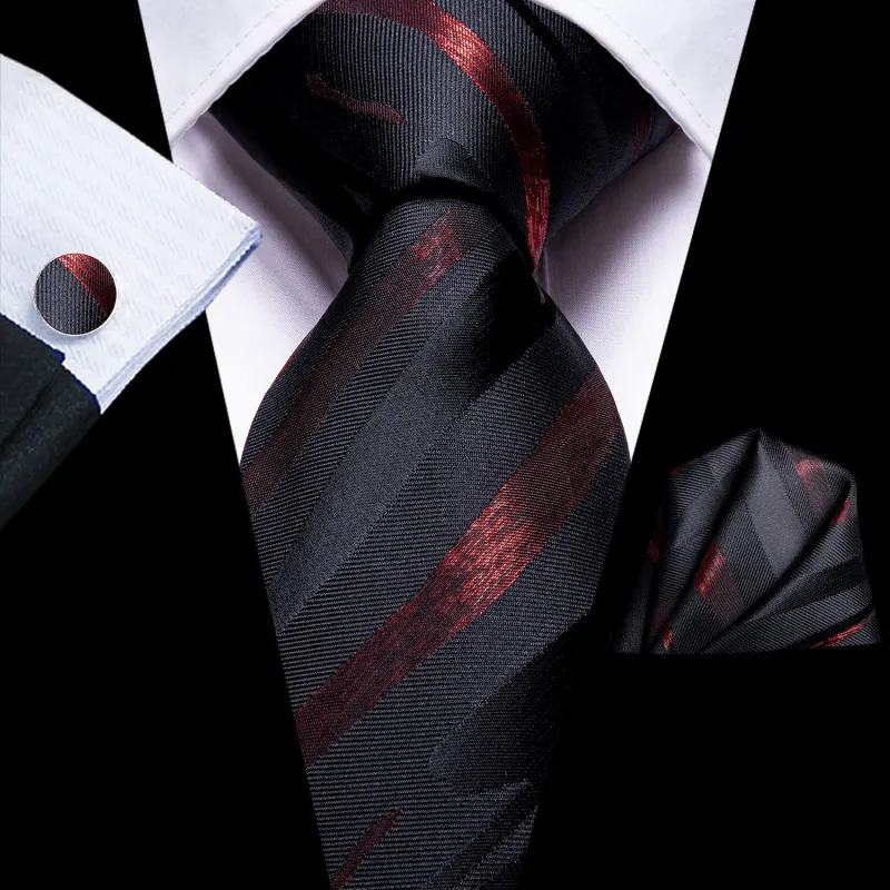Ties2you Silk Black Necktie Striped Business Mens Tie Handkerchief Cufflinks Set sold by Ties2You