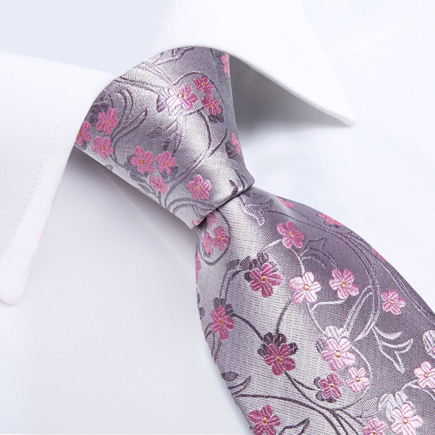 Ties2you Silk Pink Floral Tie Formal Silver Wedding Necktie Hanky CUfflinks Set sold by Ties2You product image thumbnail 3