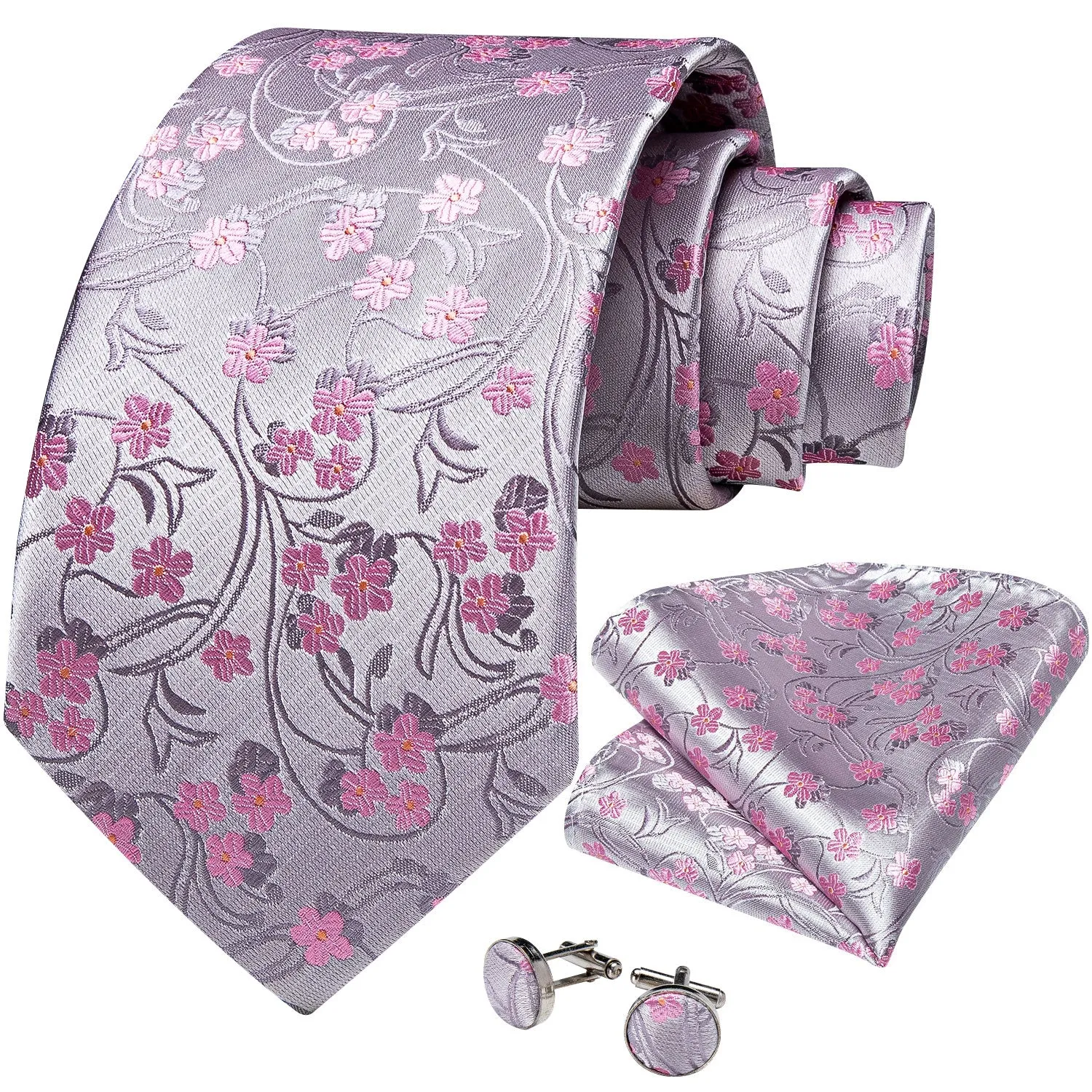 Ties2you Silk Pink Floral Tie Formal Silver Wedding Necktie Hanky CUfflinks Set sold by Ties2You product image thumbnail 2