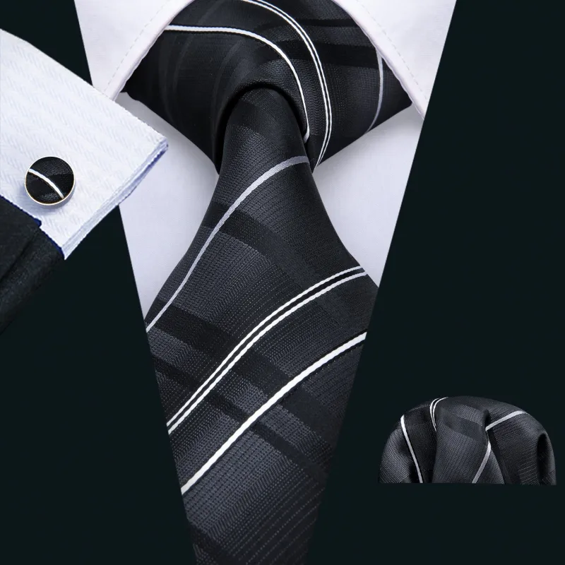 Silver Grey Striped Silk Tie Hanky Cufflinks Set sold by Ties2You