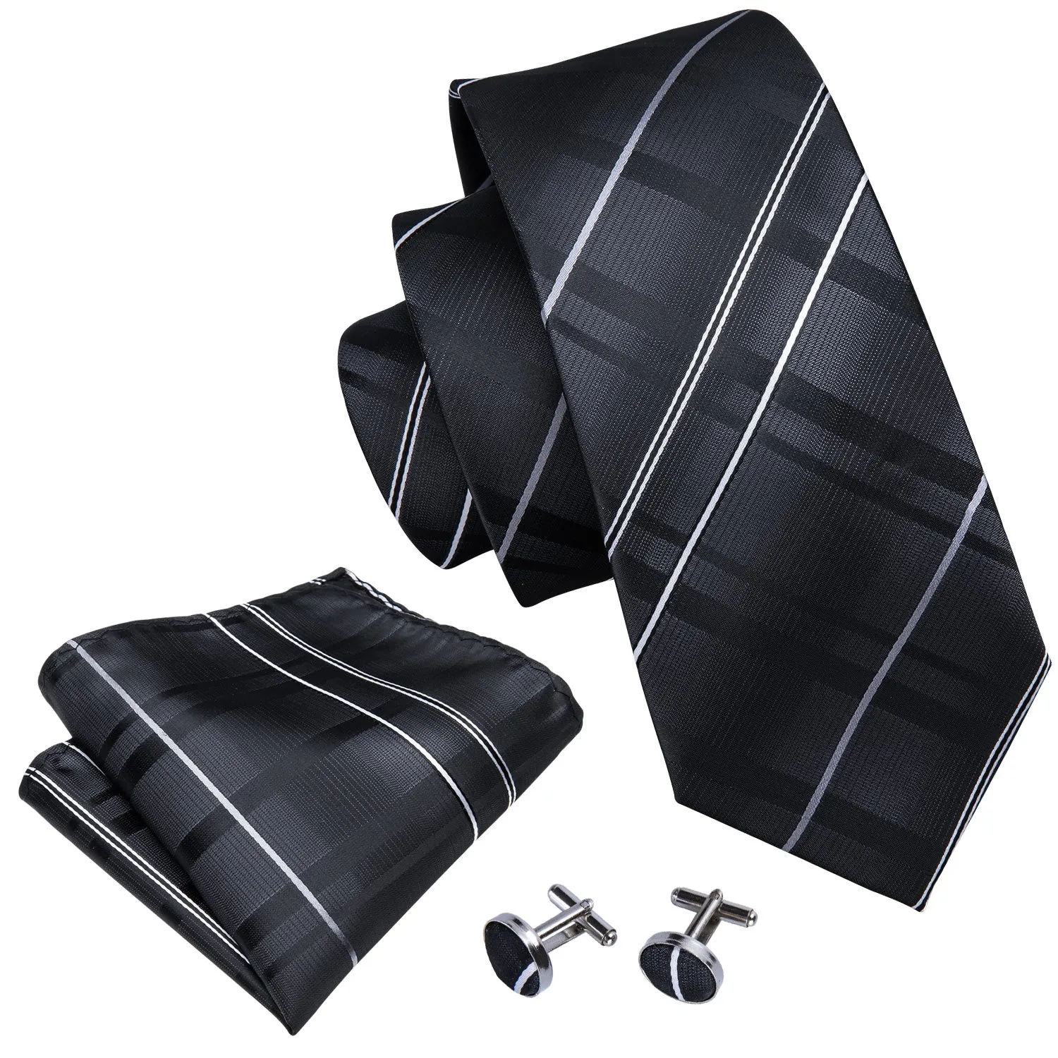 Silver Grey Striped Silk Tie Hanky Cufflinks Set sold by Ties2You product image thumbnail 2