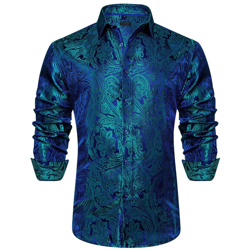 Ties2you Teal Blue Dress Shirt Long Sleeve Paisley Button Down Shirt sold by Ties2You
