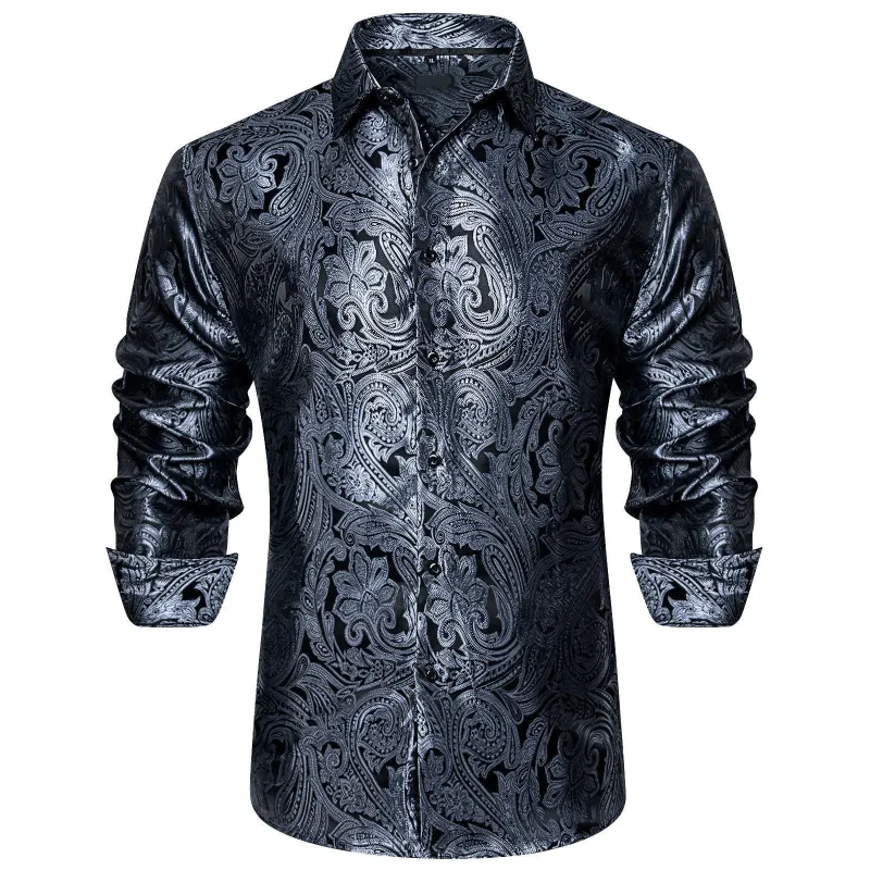 Ties2you Mens Charcoal Grey Shirt Paisley Button Down Long Sleeve Shirt for Party sold by Ties2You