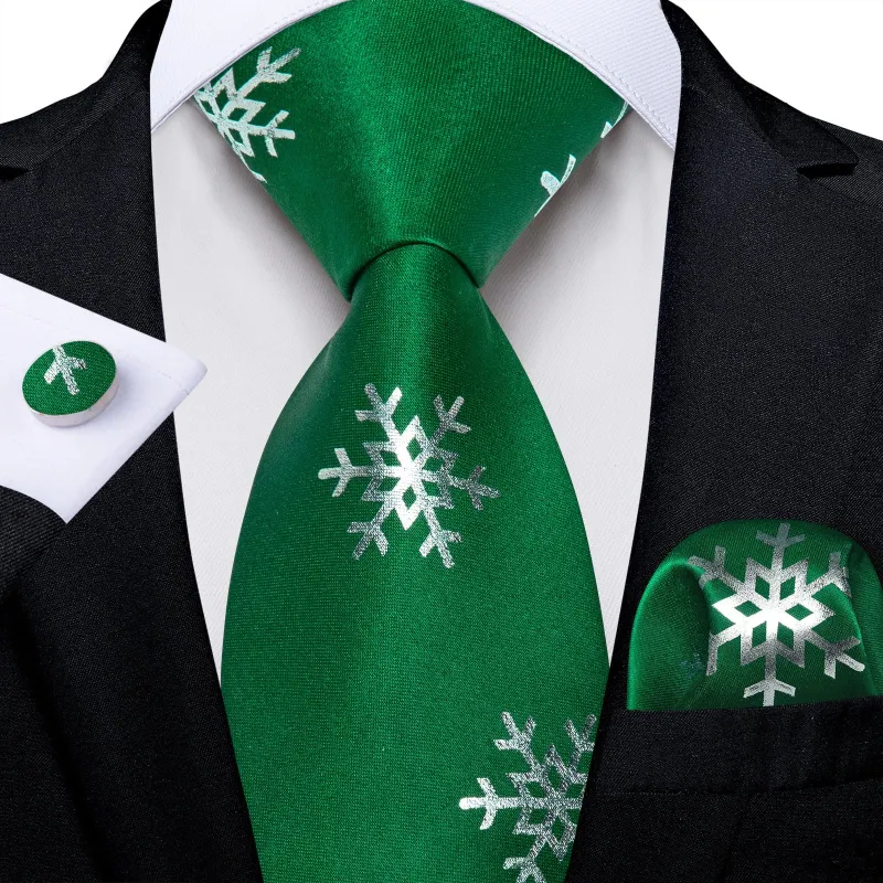 Ties2you Emerald Green Necktie for Men Christmas Snowflake Silk Tie Hanky Cufflinks Set sold by Ties2You