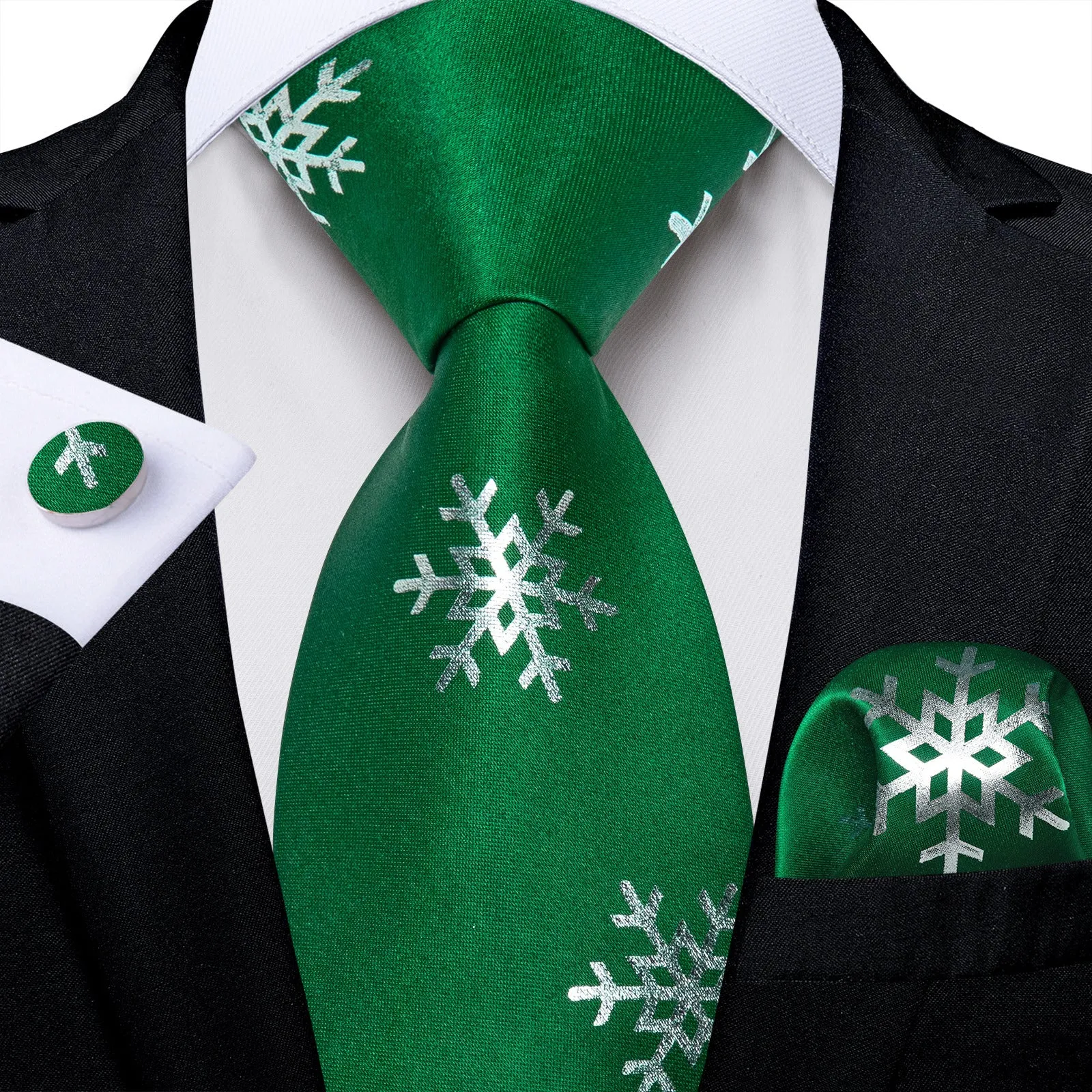 Ties2you Emerald Green Necktie for Men Christmas Snowflake Silk Tie Hanky Cufflinks Set sold by Ties2You