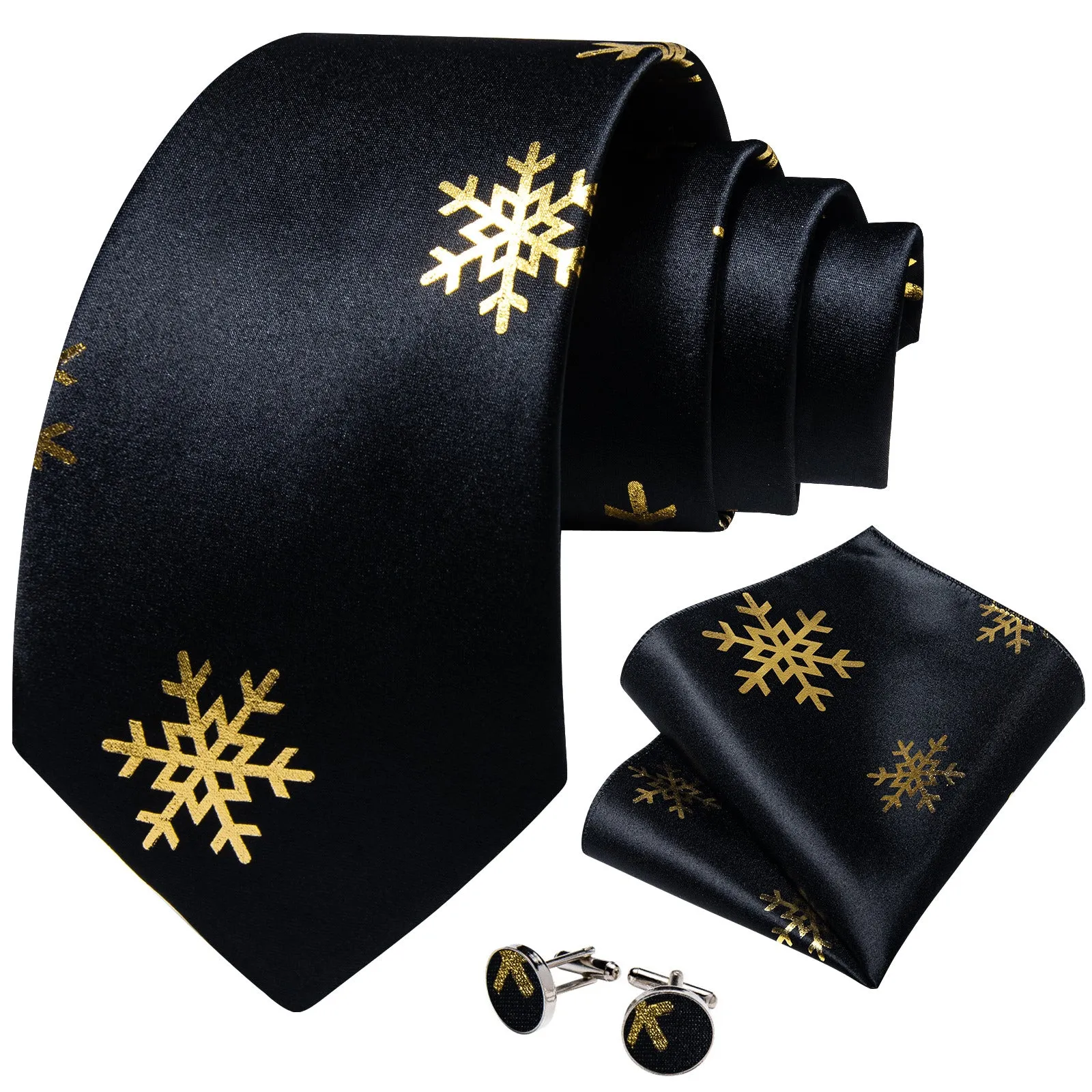 Ties2you Black Necktie for Men Snowflake Silk Christmas Tie Hanky Cufflinks Set for Party sold by Ties2You product image thumbnail 2