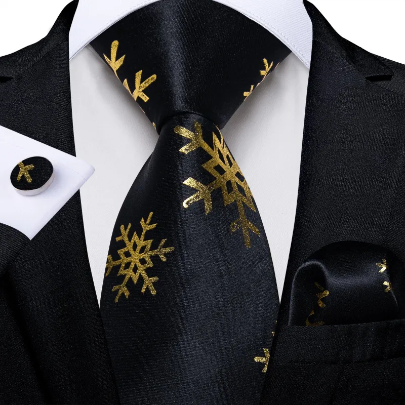 Ties2you Black Necktie for Men Snowflake Silk Christmas Tie Hanky Cufflinks Set for Party sold by Ties2You