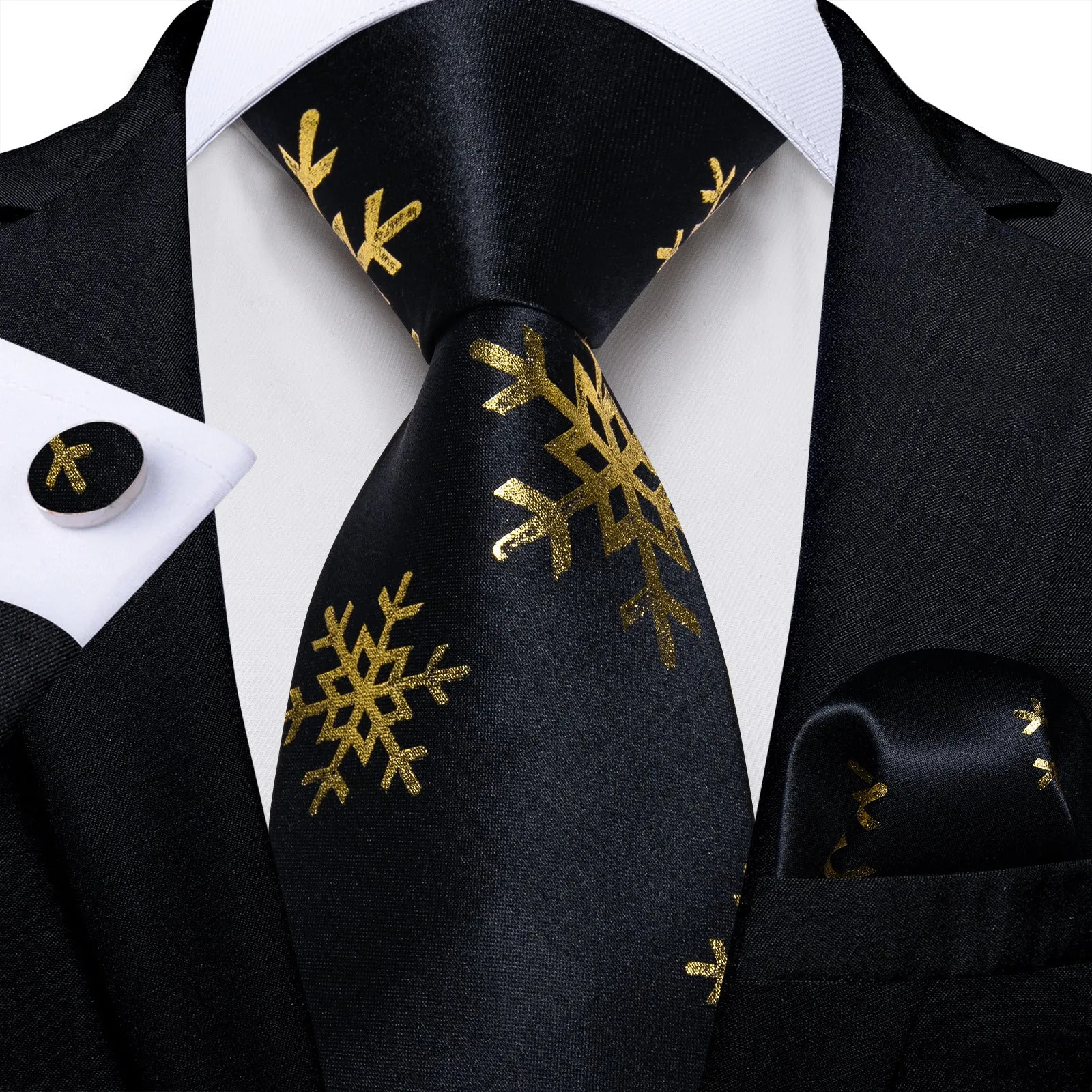 Ties2you Black Necktie for Men Snowflake Silk Christmas Tie Hanky Cufflinks Set for Party sold by Ties2You