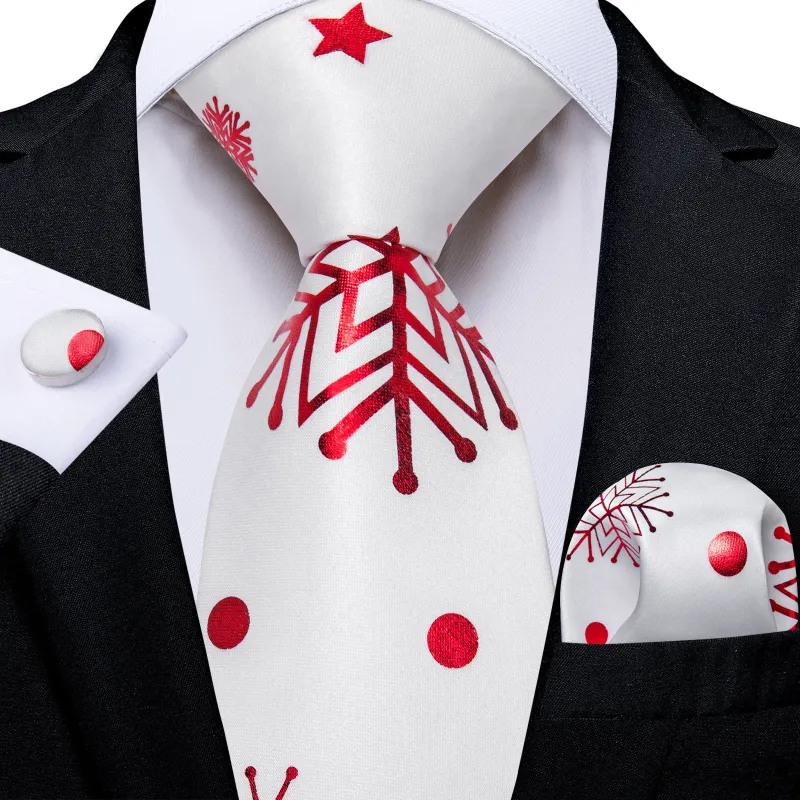 Ties2you White Christmas Necktie for Men Snowflake Silk Tie Hanky Cufflinks Set sold by Ties2You