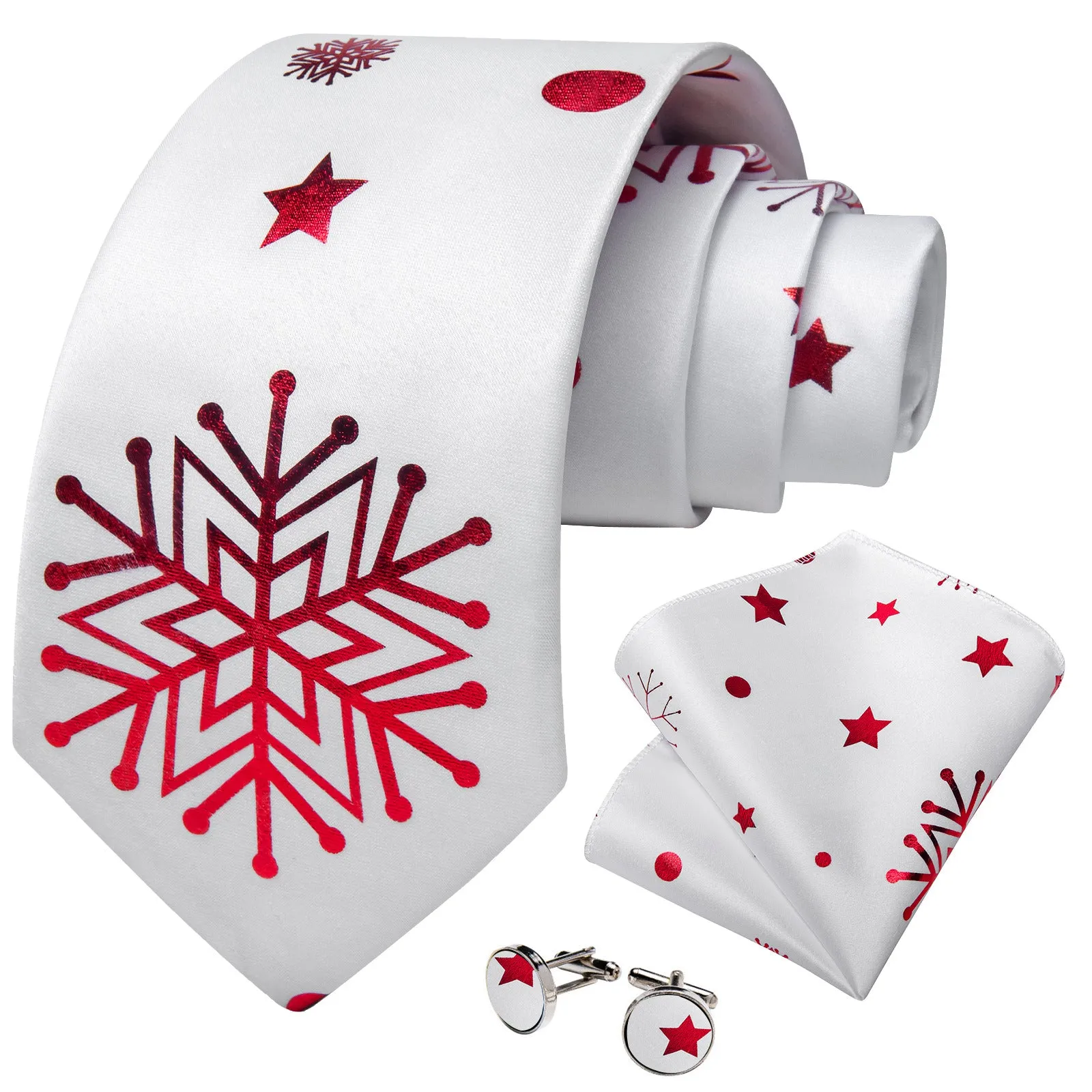 Ties2you White Christmas Necktie for Men Snowflake Silk Tie Hanky Cufflinks Set sold by Ties2You product image thumbnail 2