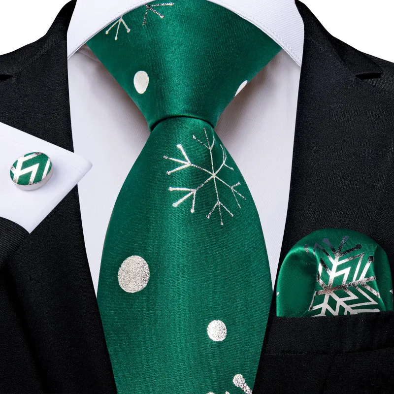 Ties2you Hunter Green Necktie Christmas Snowflake Silk Tie Pocket Square Cufflinks Set made by Ties2You