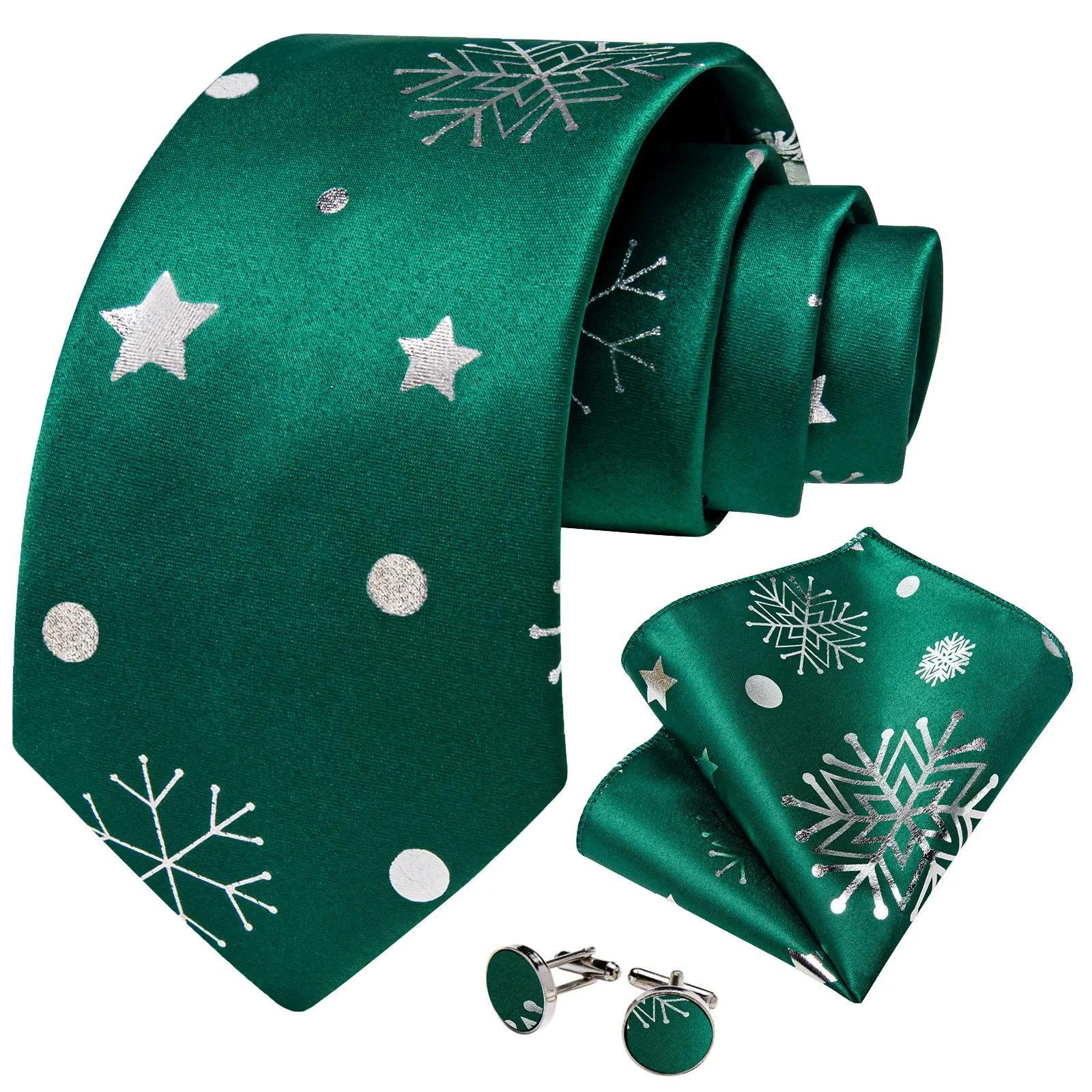 Ties2you Hunter Green Necktie Christmas Snowflake Silk Tie Pocket Square Cufflinks Set sold by Ties2You product image thumbnail 2